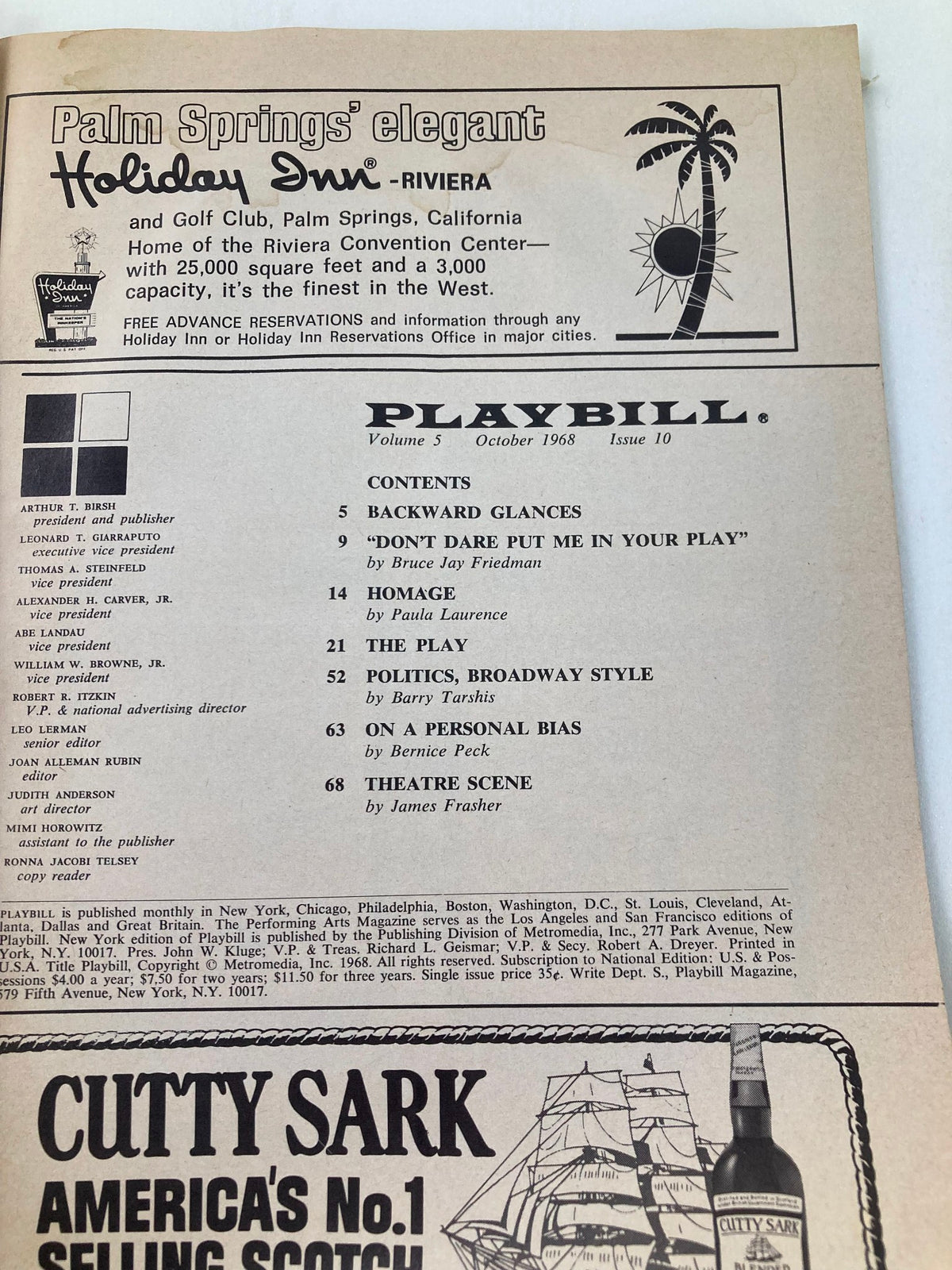 Interior page of the 1968 Playbill for The Great White Hope at Alvin Theatre, displaying advertisements and contents for the October issue.