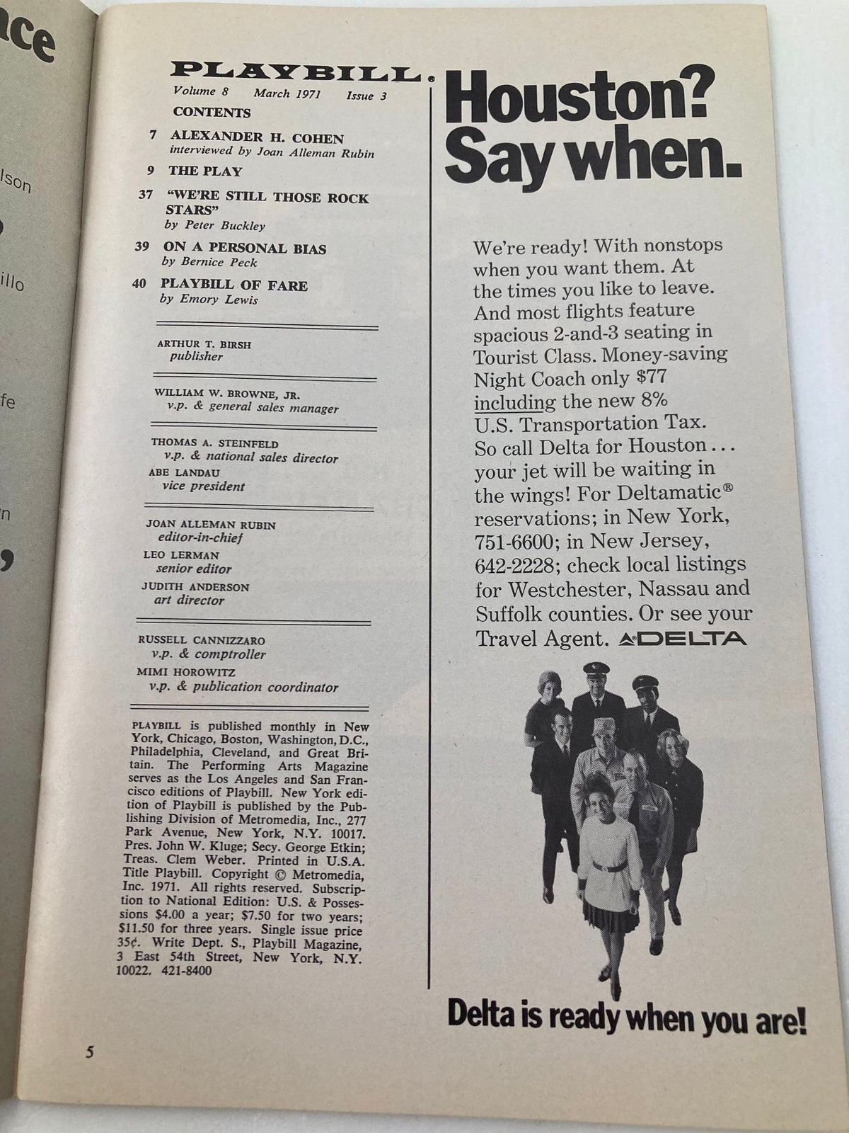 Interior page of the 1971 Playbill for The School for Wives, including contents and advertisements, capturing the essence of live theatre from that era.