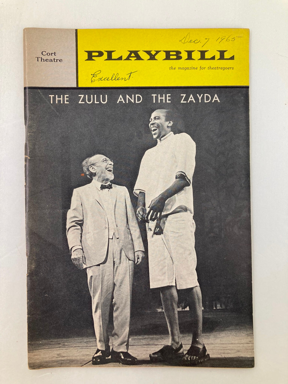 1965 Playbill from Cort Theatre featuring Menasha Skulnik in The Zulu and The Zayda, showcasing a black and white image of two actors on stage.