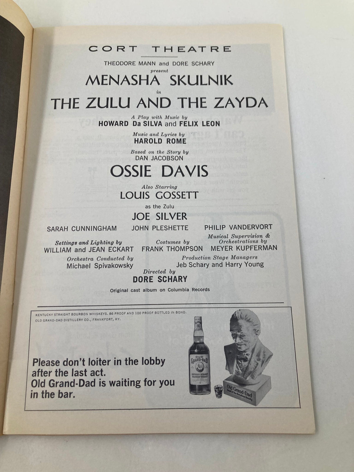 Advert page from the 1965 Playbill for The Zulu and The Zayda at Cort Theatre, featuring cast details including Menasha Skulnik.