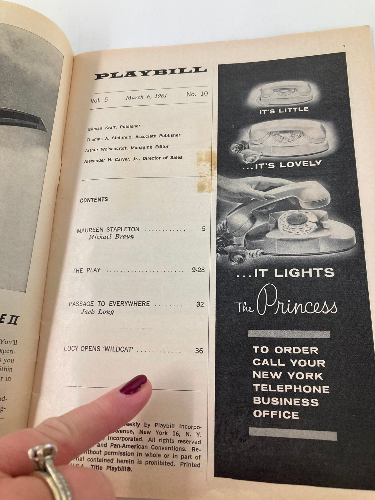 Interior page of the 1961 Playbill for That Championship Season, displaying the contents list along with a vintage aesthetic.