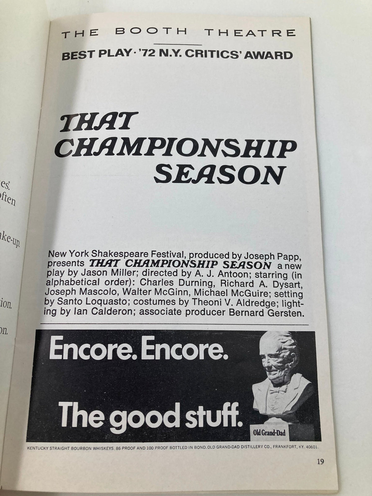 Another interior page from the 1961 Playbill for That Championship Season highlighting the Best Play award and information about the production at the Booth Theatre.