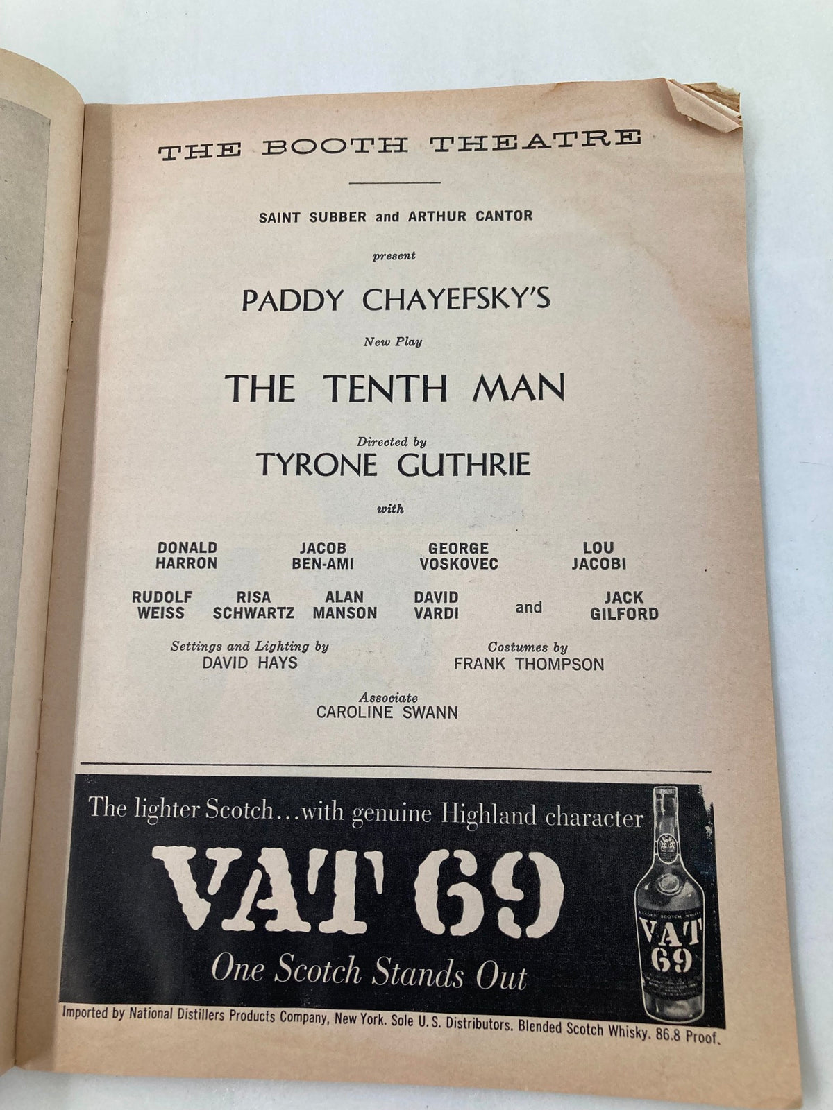 The Booth Theatre page from the 1961 Playbill, introducing Paddy Chayefsky's play The Tenth Man, directed by Tyrone Guthrie, featuring cast details and production credits.