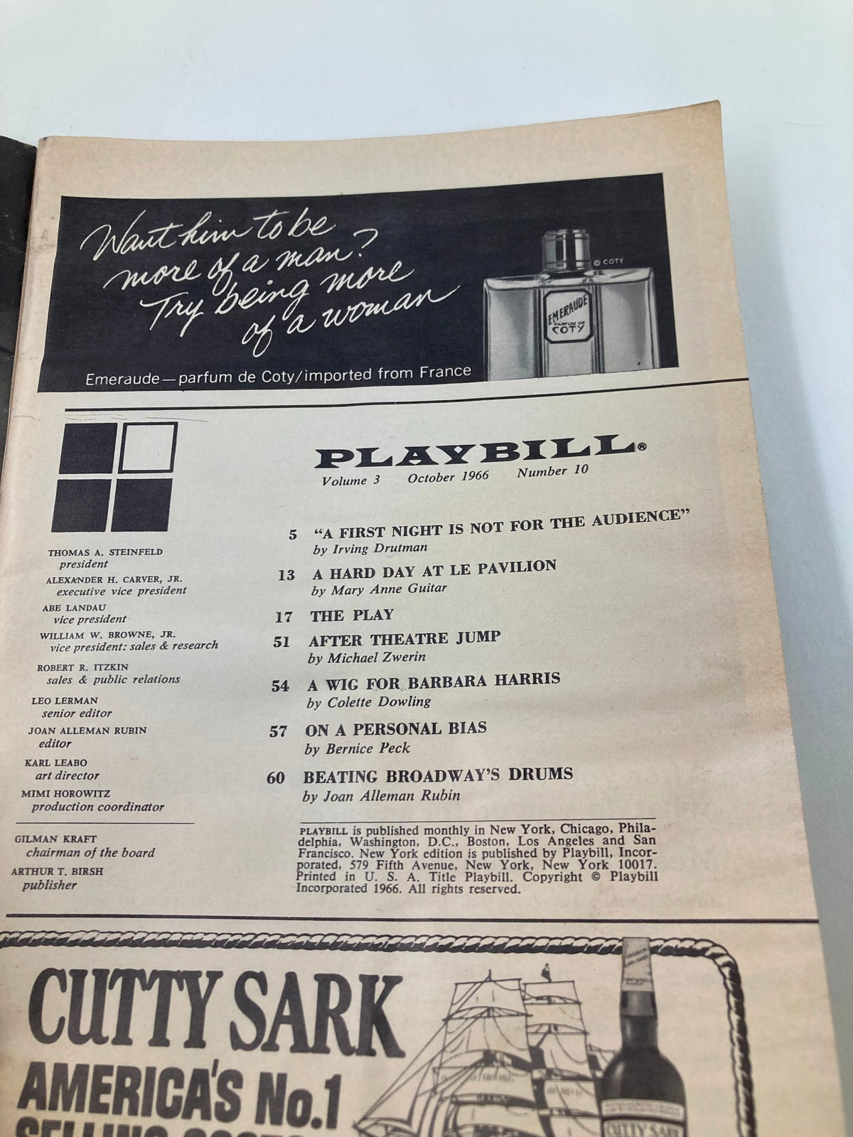 Inside page of the 1966 Playbill The Plymouth Theatre with advertisements and content related to 1960s theatre, including 'Philadelphia, Here I Come.' A glimpse into historical theatre promotional material.