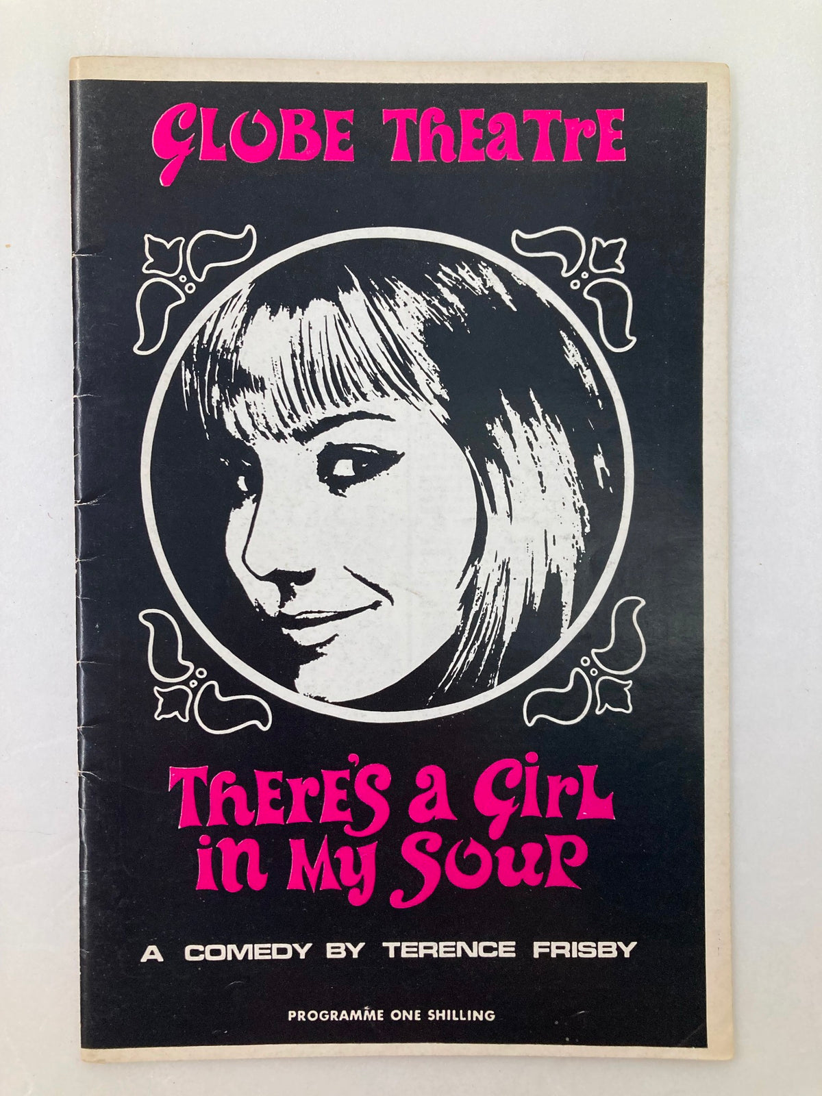 1966 Programme for the Globe Theatre's play There's A Girl In My Soup featuring a striking cover design with a portrait illustration of a woman, a classic item for theatre enthusiasts.