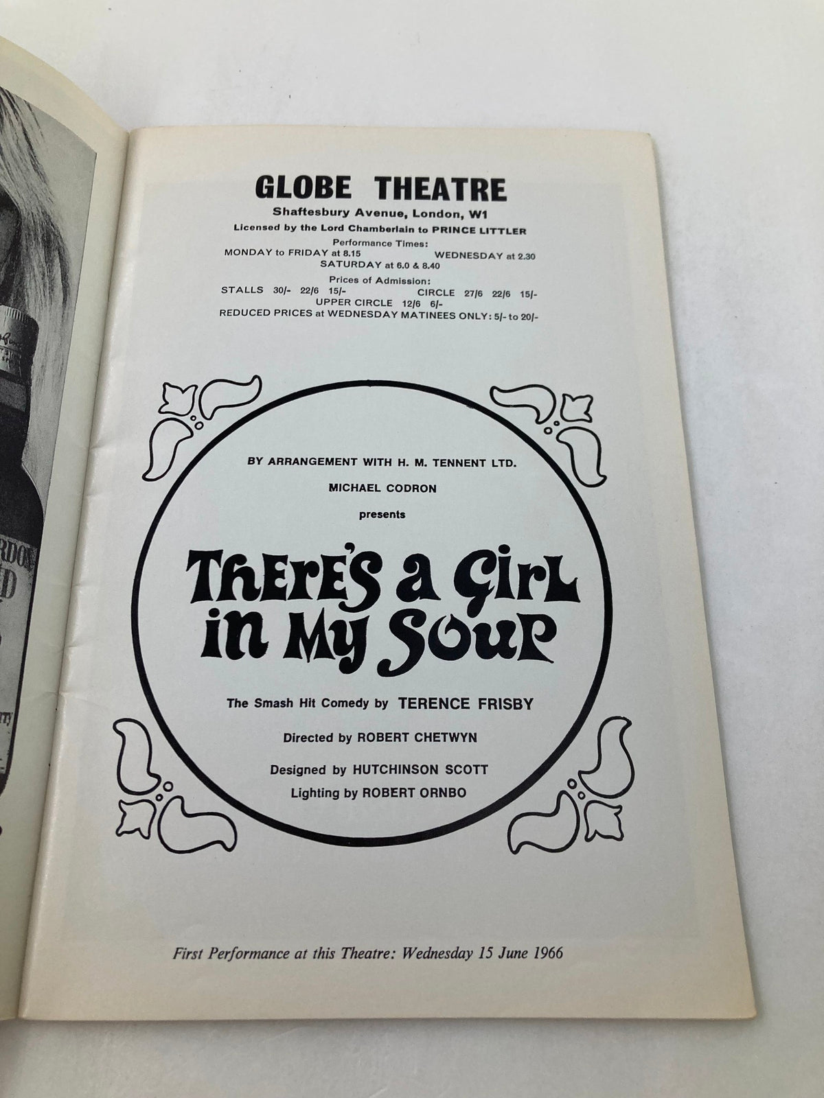 Cover of the 1966 programme for Globe Theatre's play 'There's A Girl In My Soup', directed by Robert Chetwyn, featuring decorative elements and theatrical details.