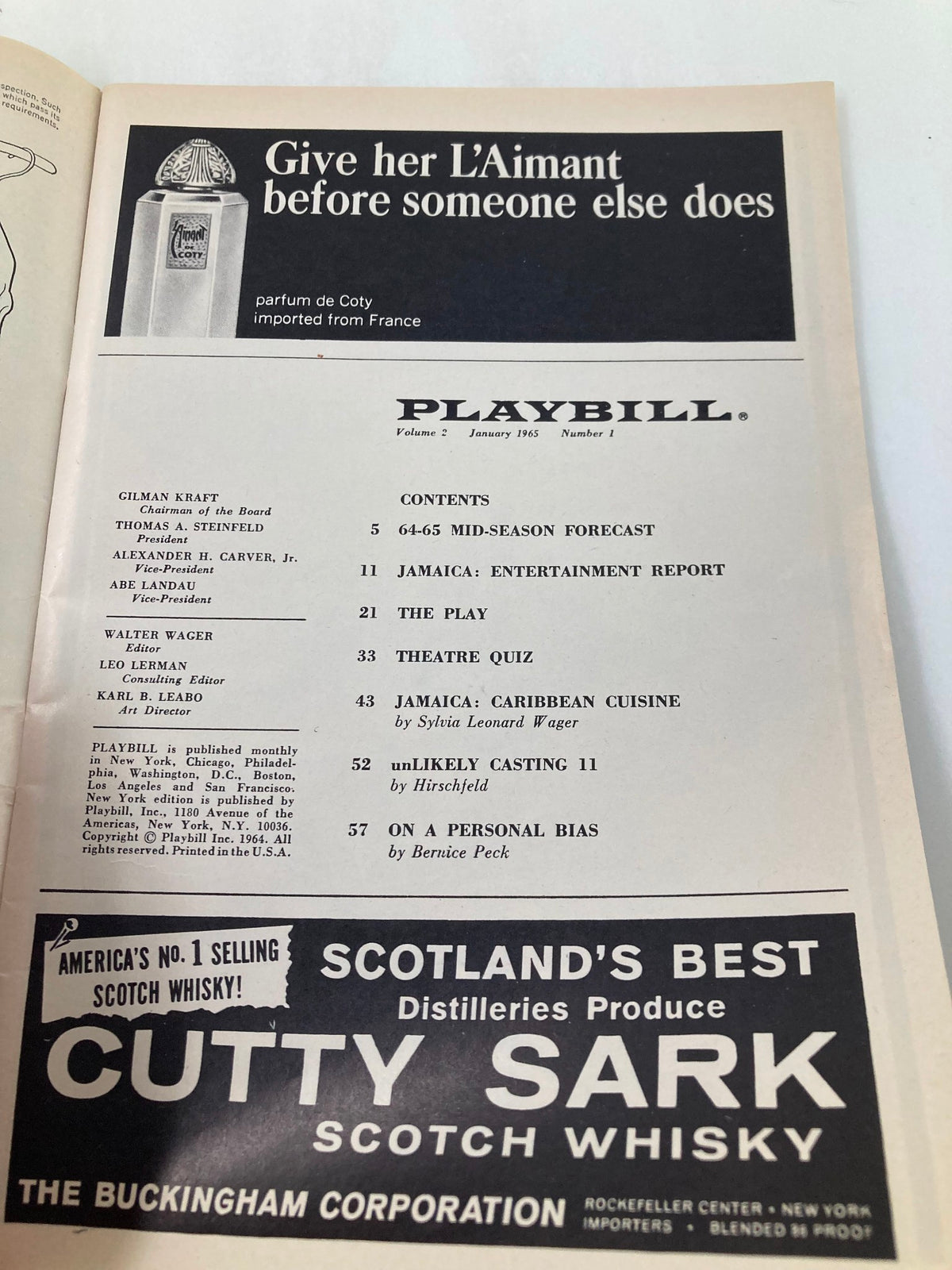 Interior page of the 1965 Playbill from the John Golden Theatre, detailing contents and advertisements for the production Comedy in Music Opus 2 featuring Victor Borge.