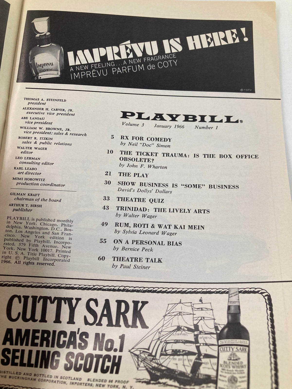 1966 Playbill contents page from The Morosco Theatre, highlighting various theater sections, with advertisements, including a fragrance promotion.