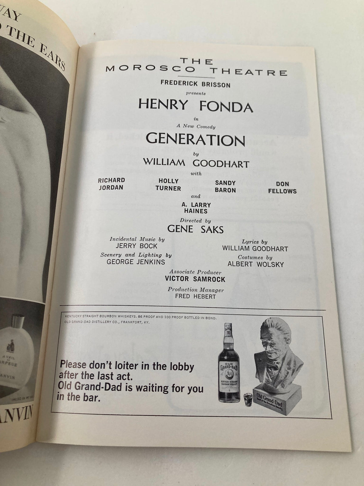 1966 Playbill page from The Morosco Theatre showcasing the cast of 'Generation,' featuring Henry Fonda and Richard Jordan's names prominently displayed.