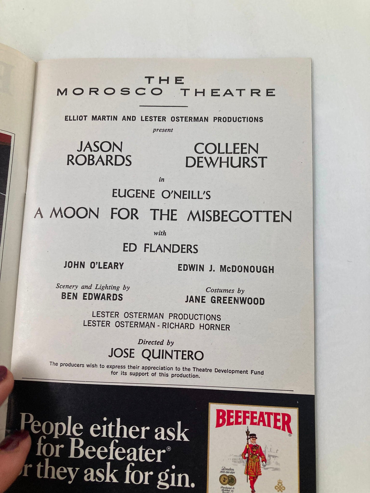 Inside page of the 1974 Playbill for A Moon for The Misbegotten showcasing cast information including Jason Robards and Colleen Dewhurst.