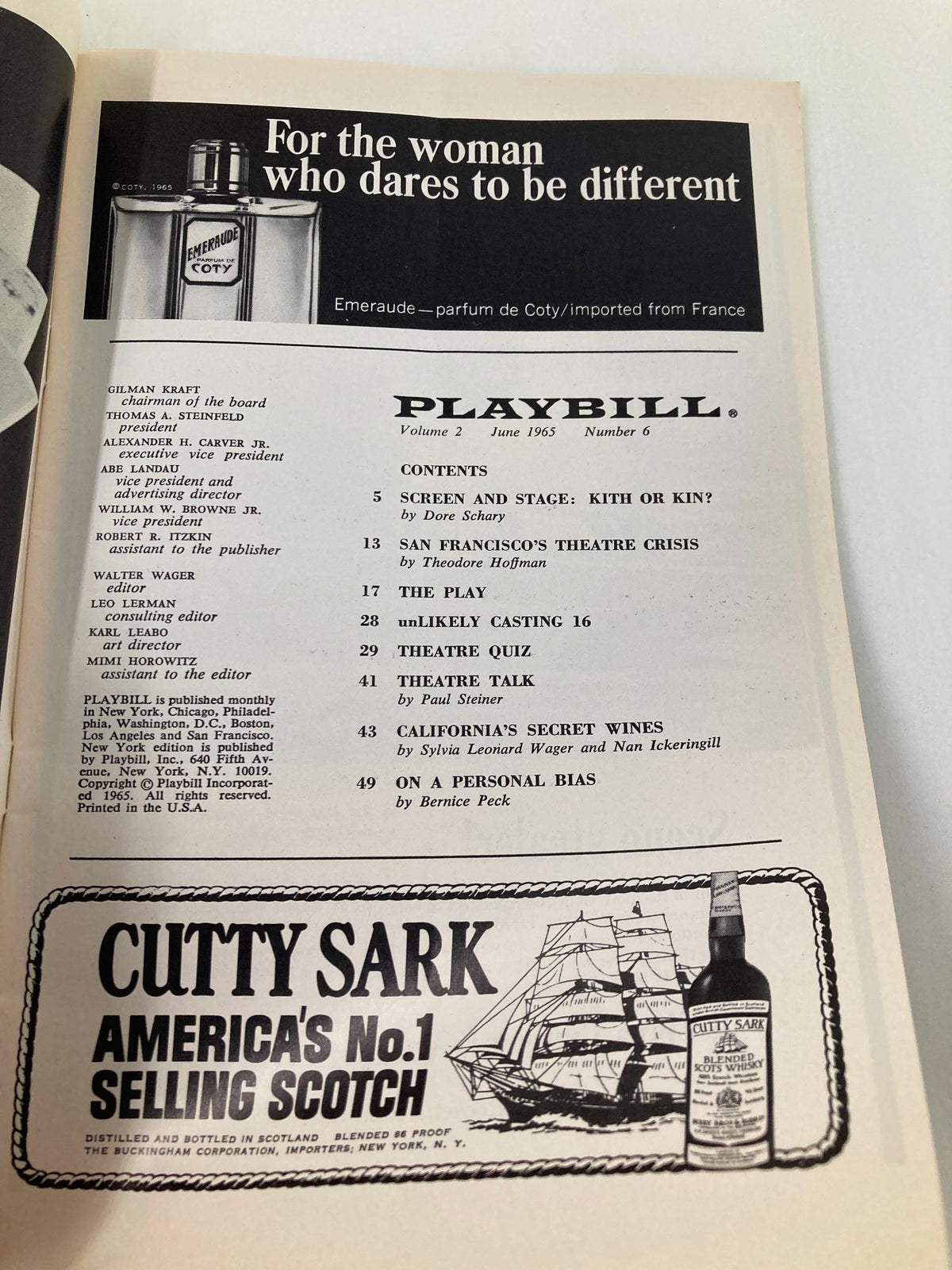 Inside page of the 1965 Playbill from St. James Theatre for Hello, Dolly!, featuring contents and advertising details.