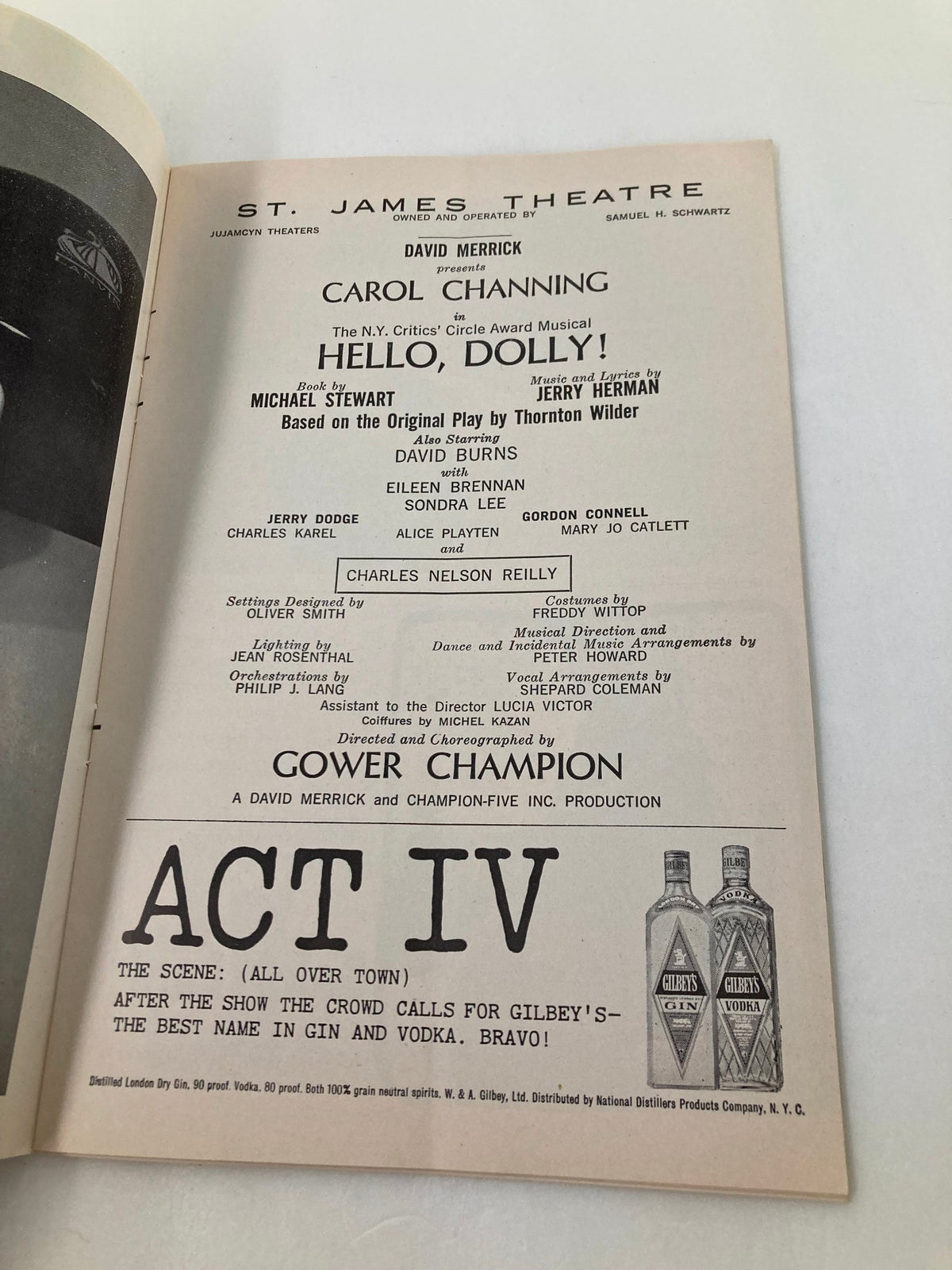 Inside page of the 1965 Playbill from St. James Theatre showcasing the cast of Hello, Dolly!, including Carol Channing and Jerry Dodge.