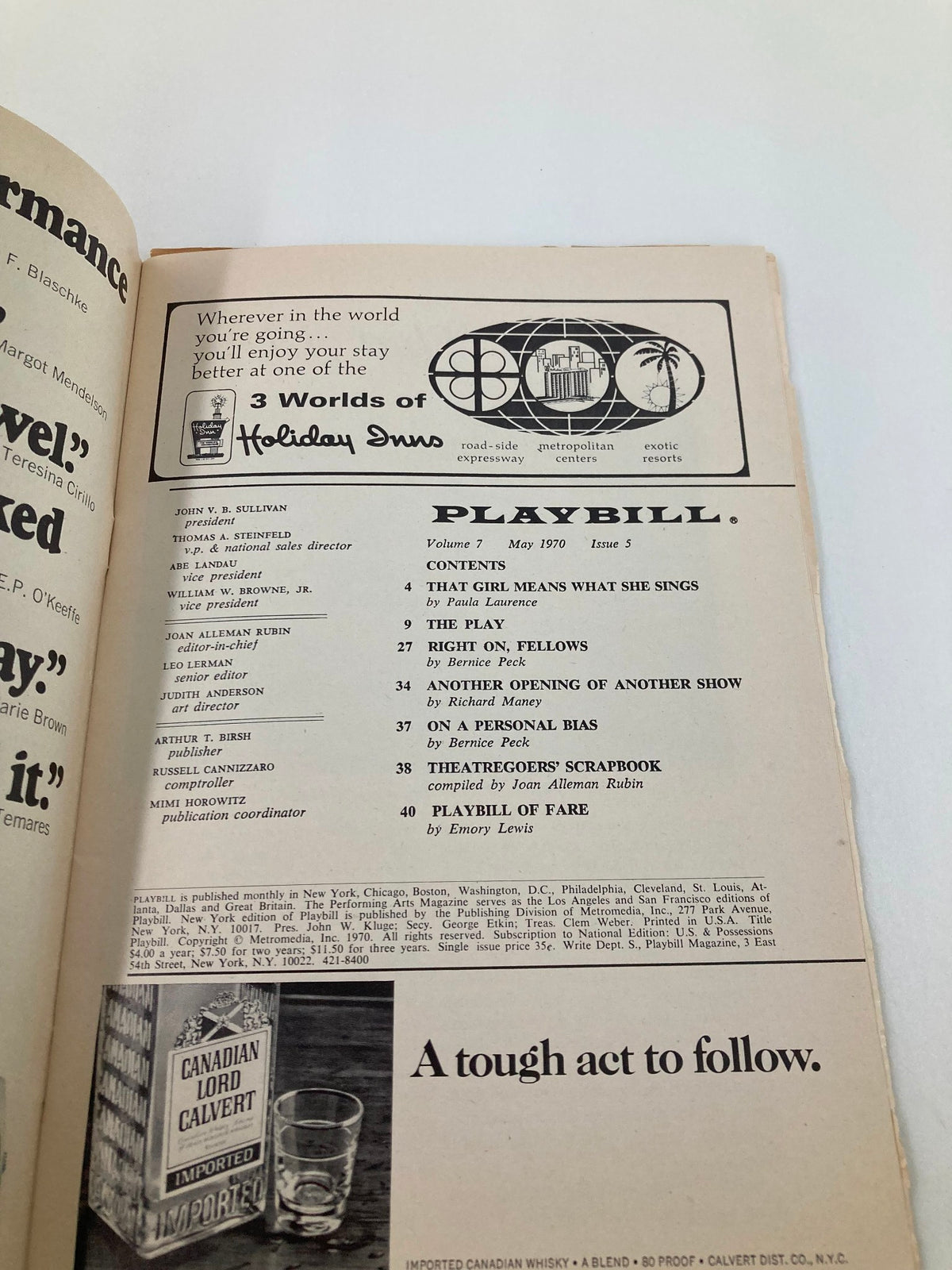Inside view of the 1970 Playbill The Plymouth Theatre featuring Plaza Suite, highlighting contents and advertisements from the era.