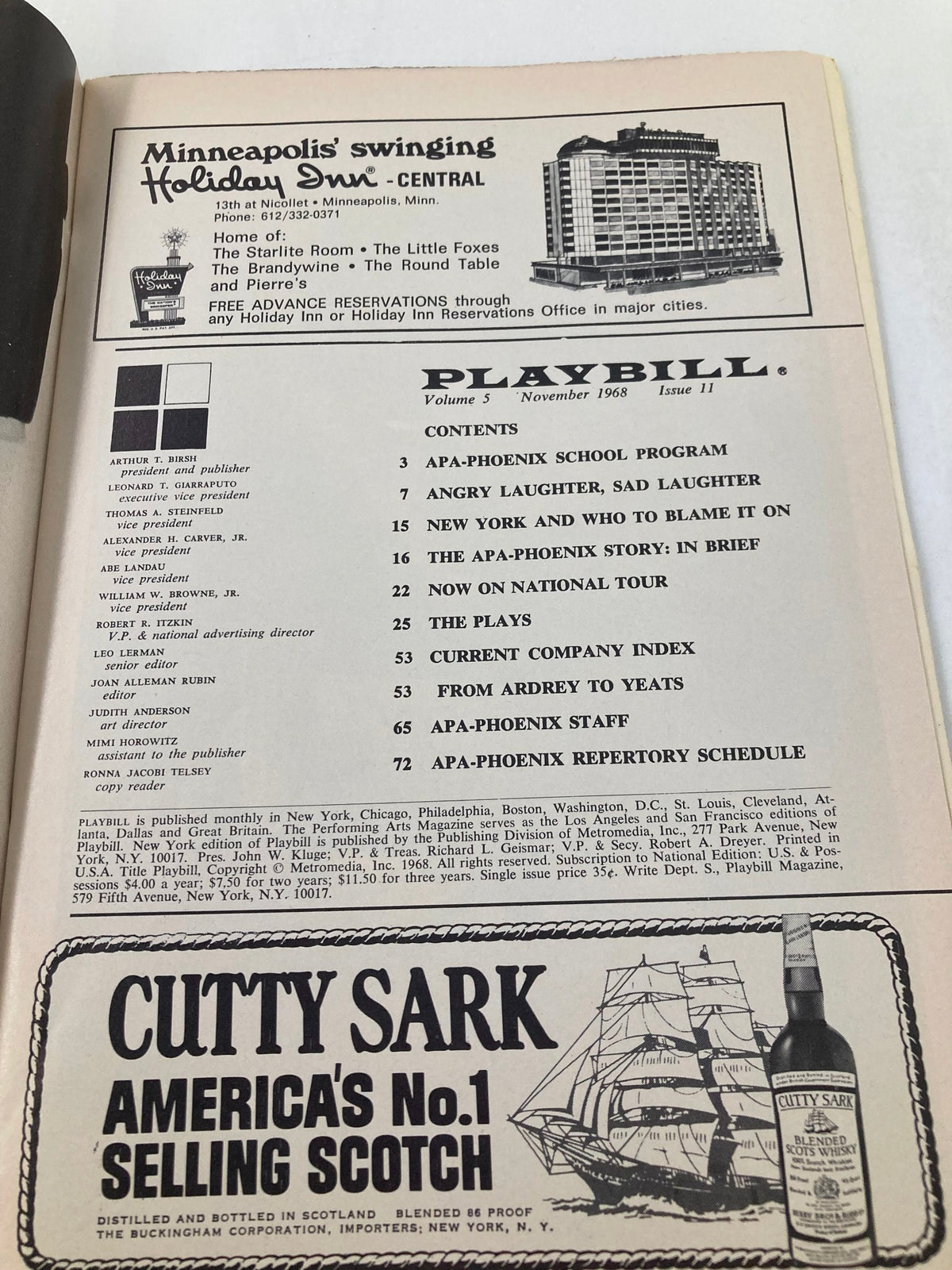 1968 Playbill Lyceum Theatre with details of the APA-Phoenix Repertory Company performance, including the Holiday Inn advertisement and program schedule.