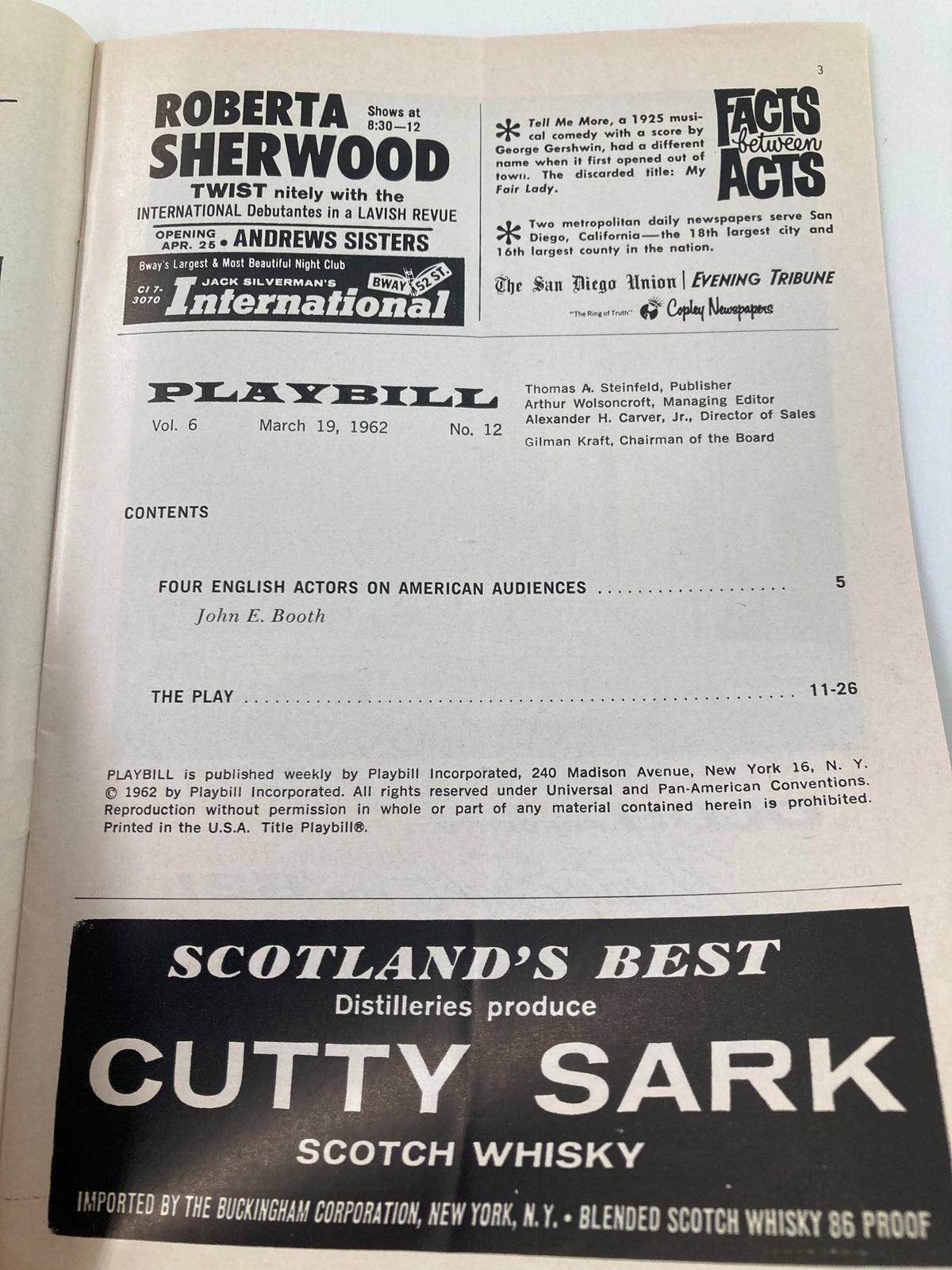 1962 Playbill from the Belasco Theatre containing contents page with a feature on Roberta Sherwood and details about the play Write Me A Murder.
