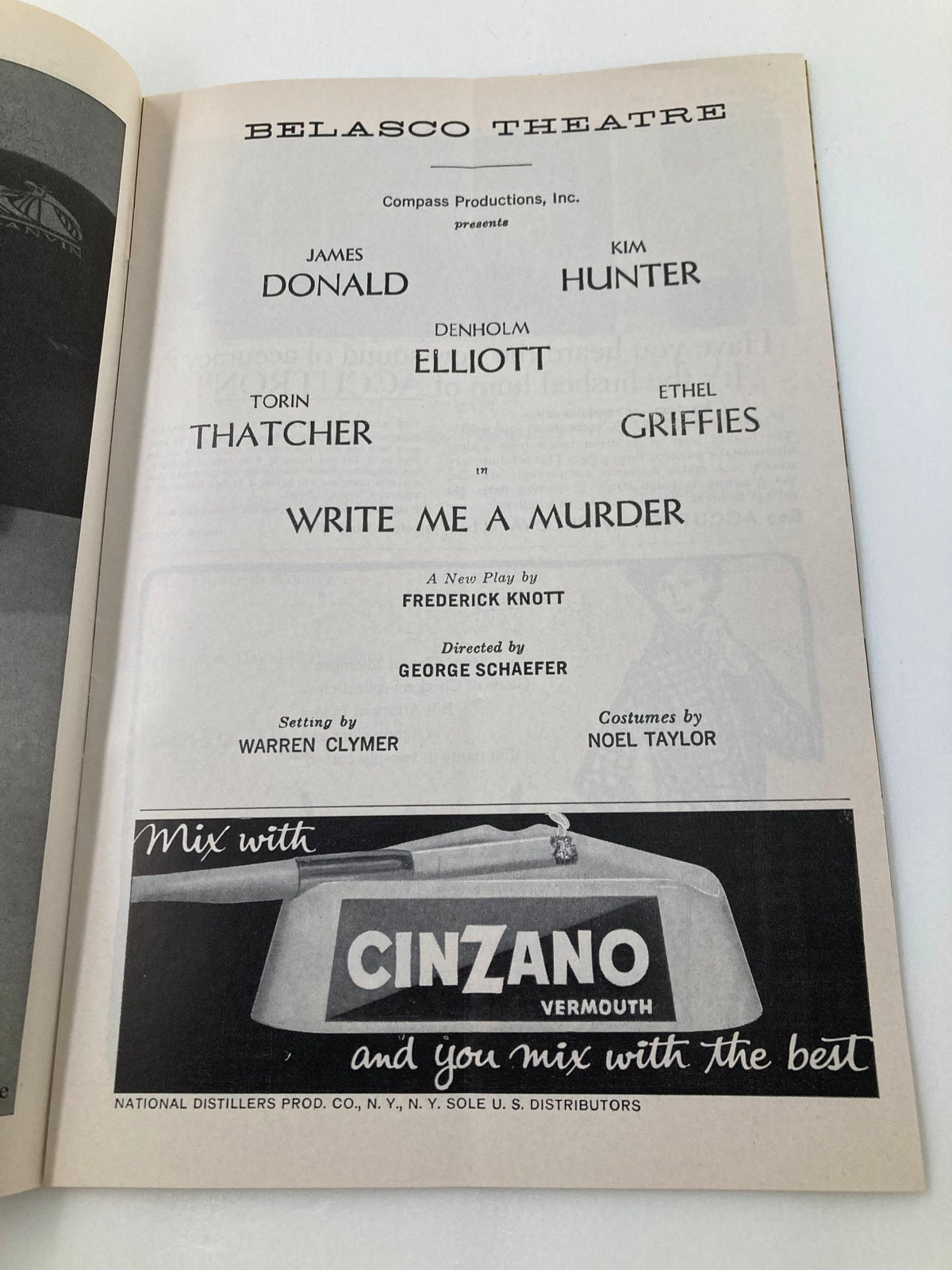 1962 Playbill from the Belasco Theatre highlighting the cast of Write Me A Murder, featuring actors James Donald, Kim Hunter, and others.