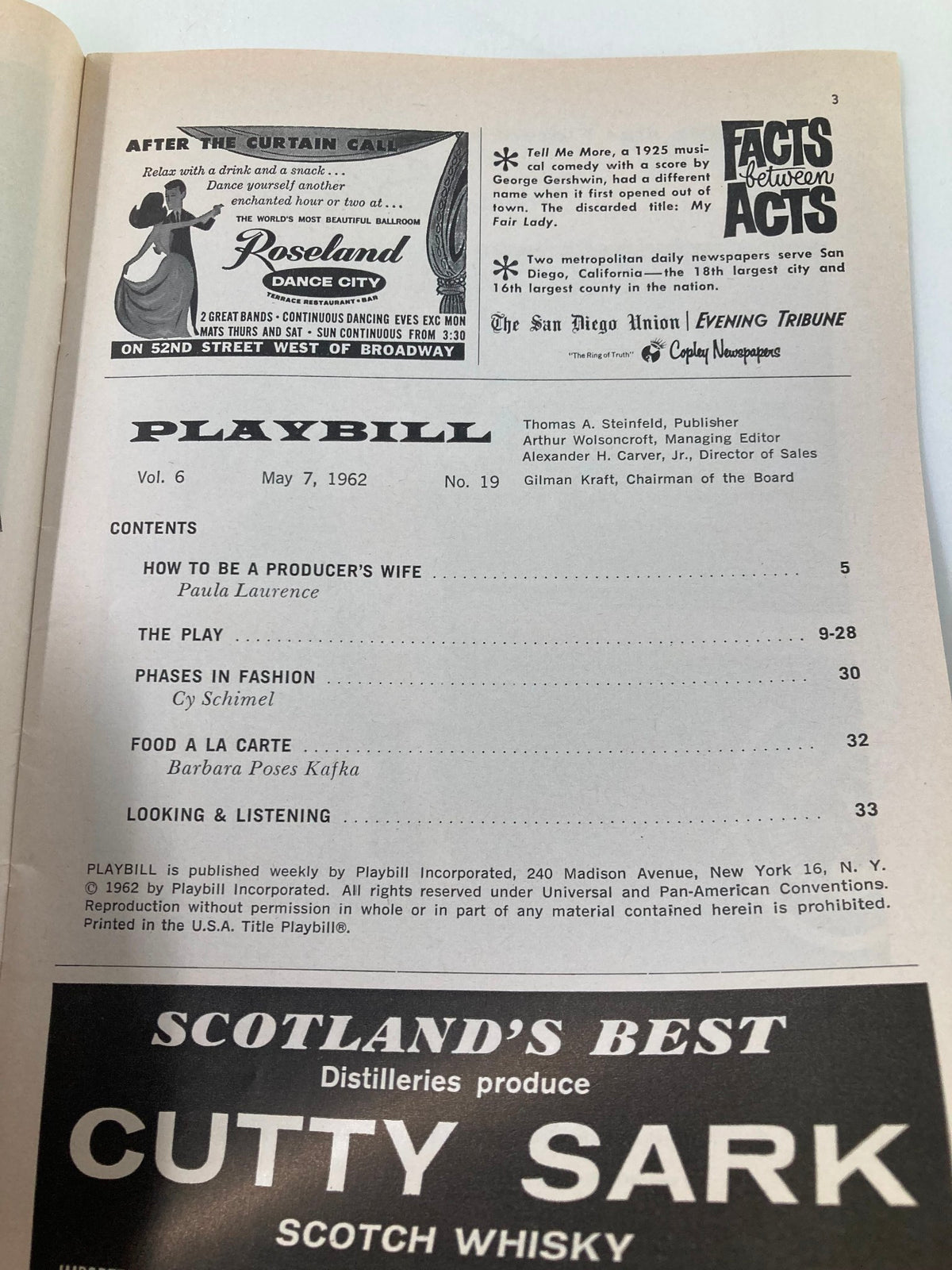 Inside page of the 1962 Playbill from Anta Theatre, showcasing the table of contents and details of the theatrical production 'A Man For All Seasons'.