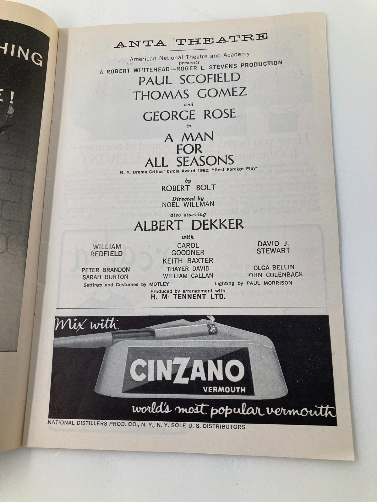 Another inside page of the 1962 Playbill from Anta Theatre, listing the cast and crew of 'A Man For All Seasons' including Paul Scofield and Thomas Gomez.