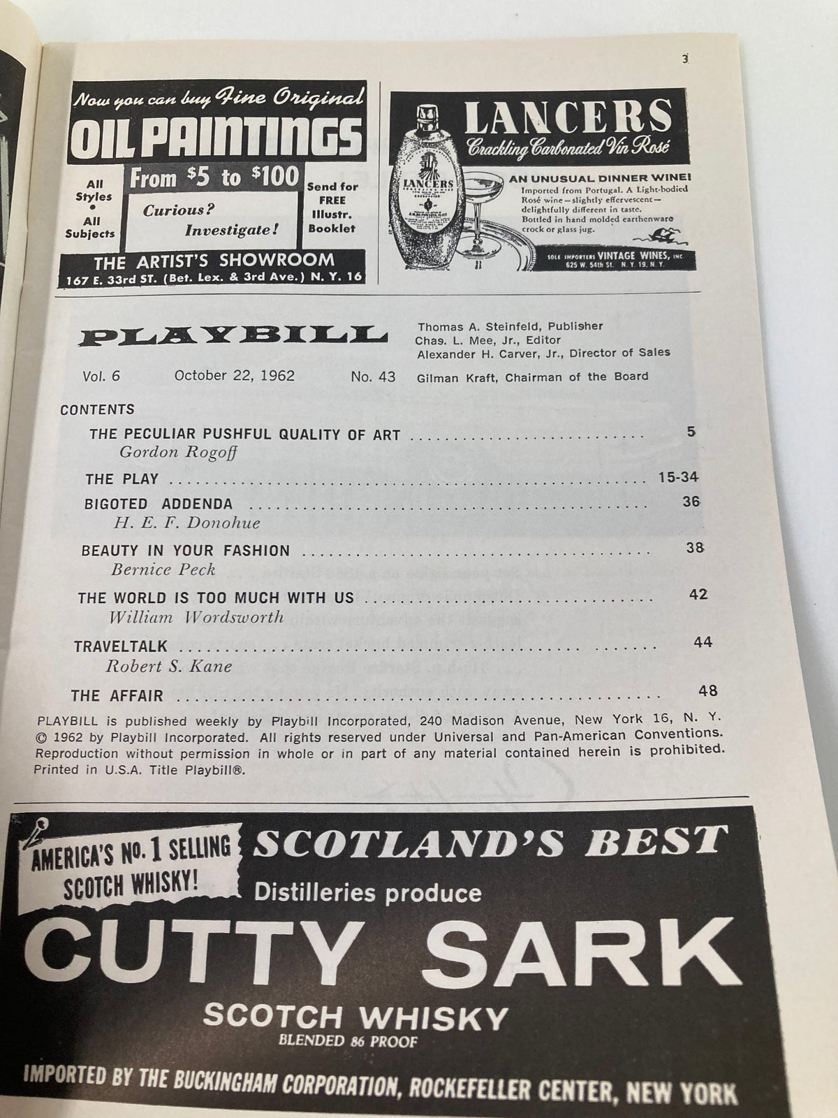 1962 Playbill Eugene O'Neill Theatre Jason Robards Jr. in A Thousand Clowns - Page showcasing the table of contents and advertisements related to the play.
