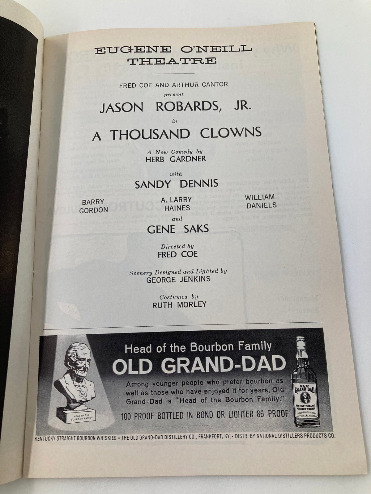 1962 Playbill Eugene O'Neill Theatre Jason Robards Jr. in A Thousand Clowns - Page featuring the cast list and production details of the play.