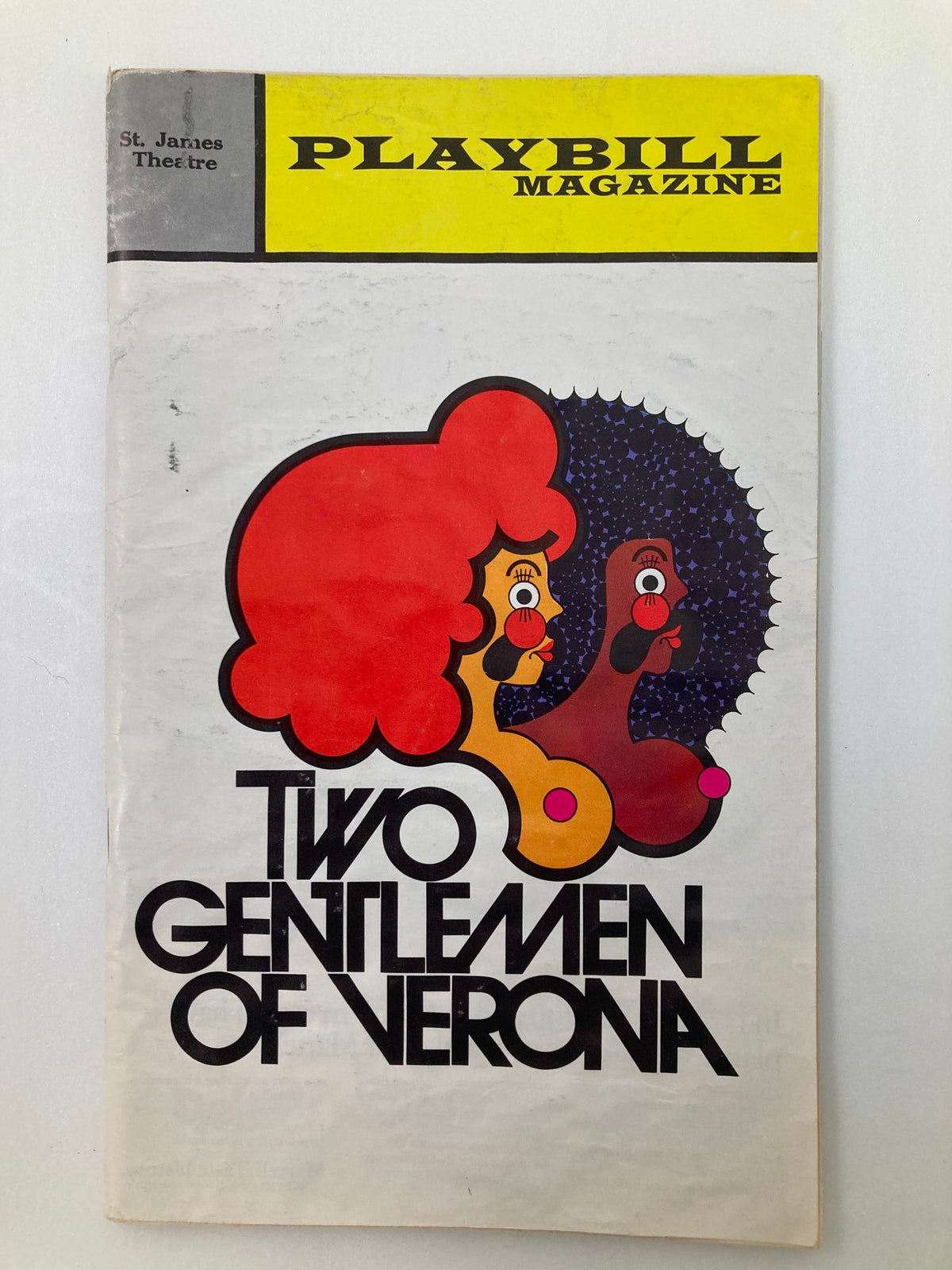 1972 Playbill for the production of Two Gentlemen of Verona at St. James Theatre, showcasing vibrant artwork and design typical of the era.