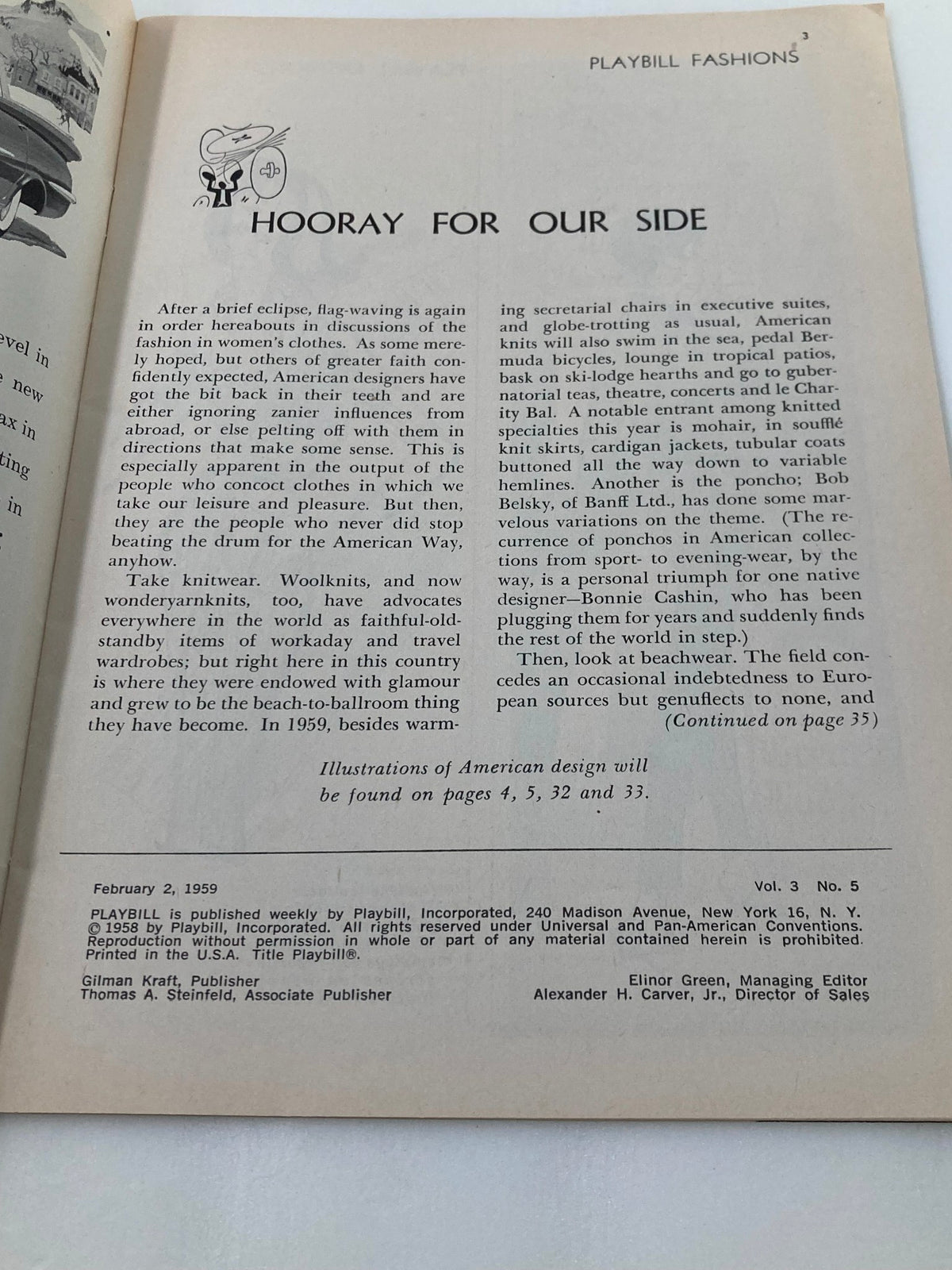 Playbill Fashions section from the 1959 Playbill for The Music Box featuring Hooray for Our Side written by Playbill Inc. This vintage playbill includes a whimsical illustration and text discussing American design.