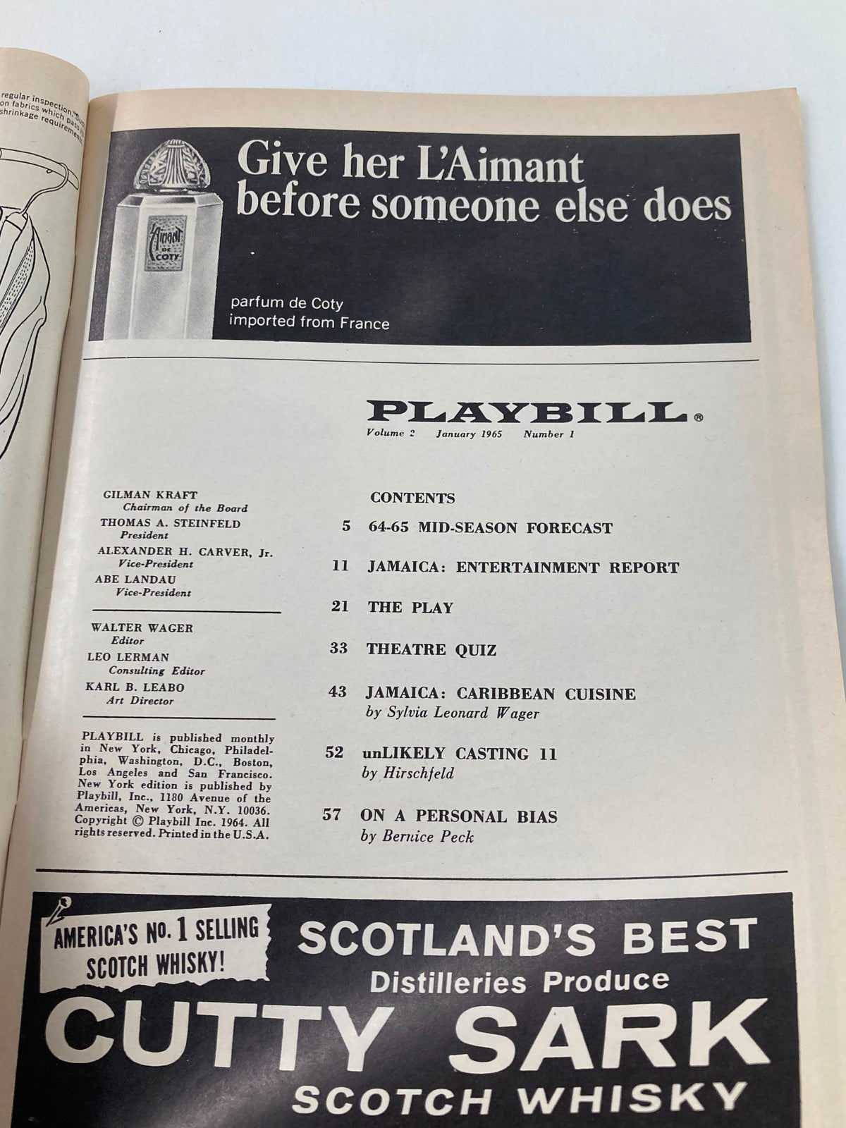 Contents page of the 1965 Playbill from Brooks Atkinson Theatre showcasing various articles, including 'Ready When You Are, C.B!' and theatre-related features.