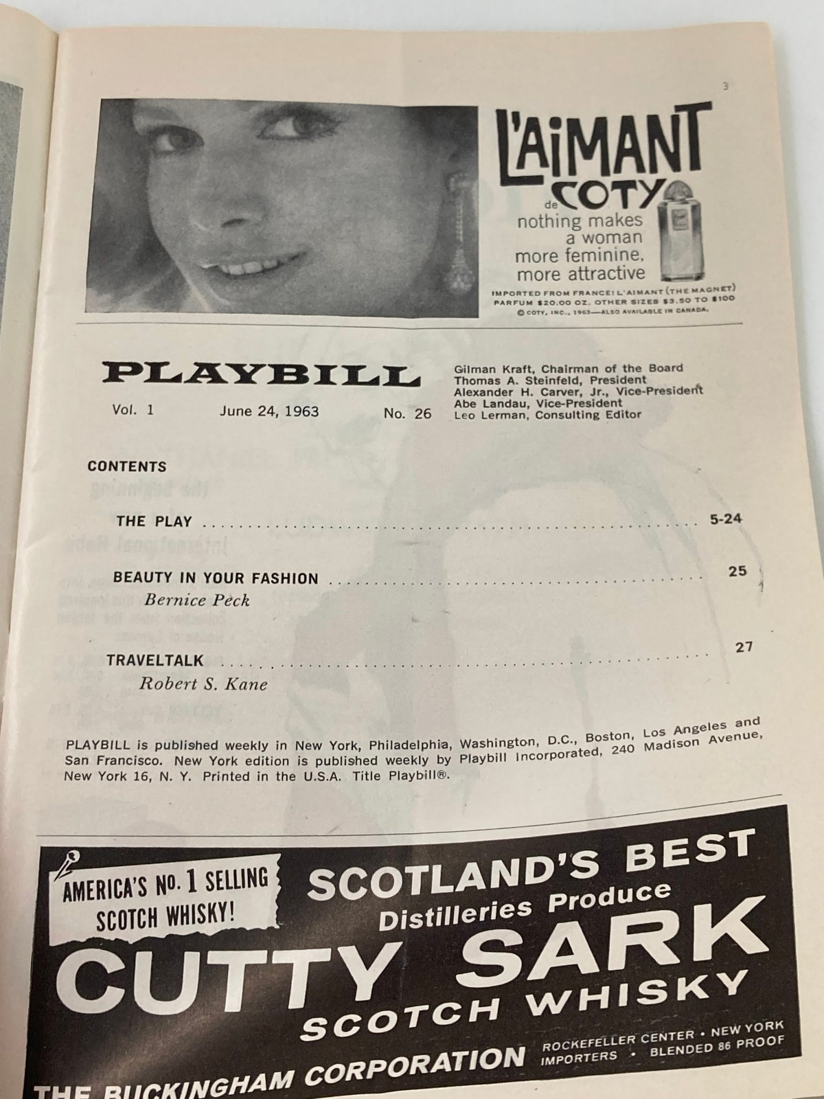 Interior page of the 1963 Playbill for 'She Loves Me', including content listings and an advertisement on the reverse side.