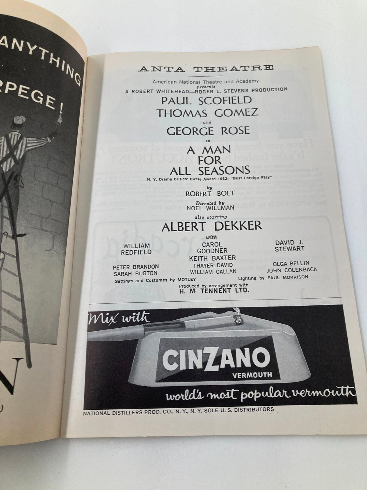 Cast list page from the 1962 Playbill for A Man For All Seasons featuring actors George Rose and Thomas Gomez at the Anta Theatre.