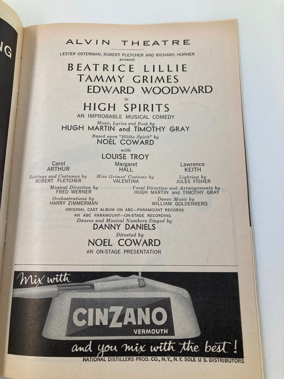 1964 Playbill from Alvin Theatre featuring Beatrice Lillie and Tammy Grimes in High Spirits, showcasing cast details and vintage design elements.