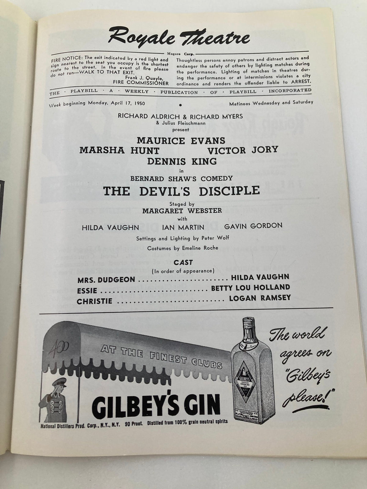 Inside page of the 1950 Playbill for The Devil's Disciple at the Royale Theatre, detailing the cast and production information.