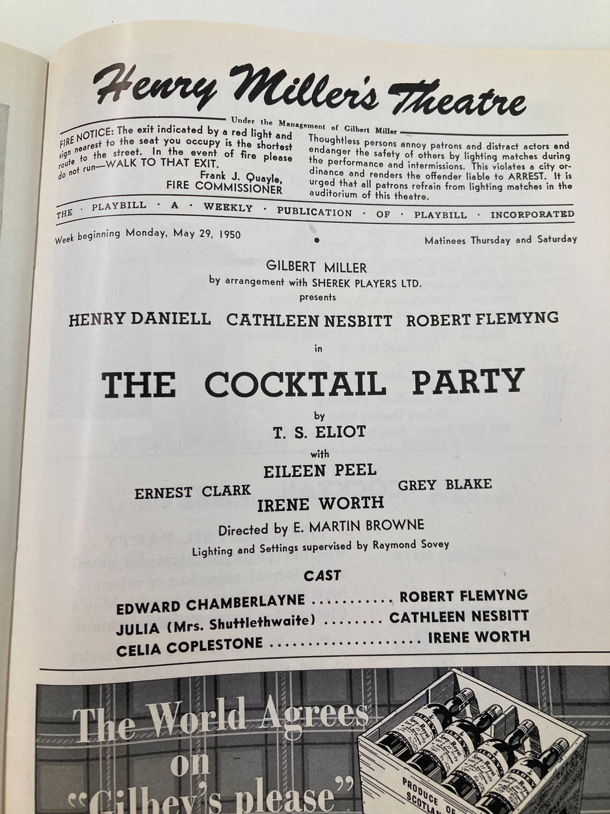 Inside page of the 1950 Playbill for 'The Cocktail Party' detailing the cast and production information, showcasing the theatrical history of Henry Miller's Theatre.