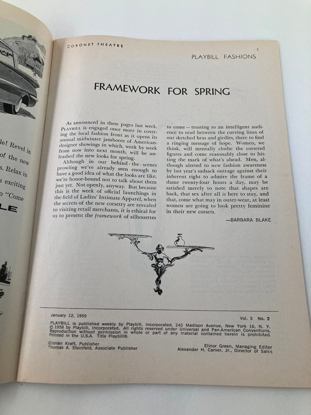 1959 Playbill Coronet Theatre featuring an article titled 'Framework for Spring', showcasing the playbill design and layout.