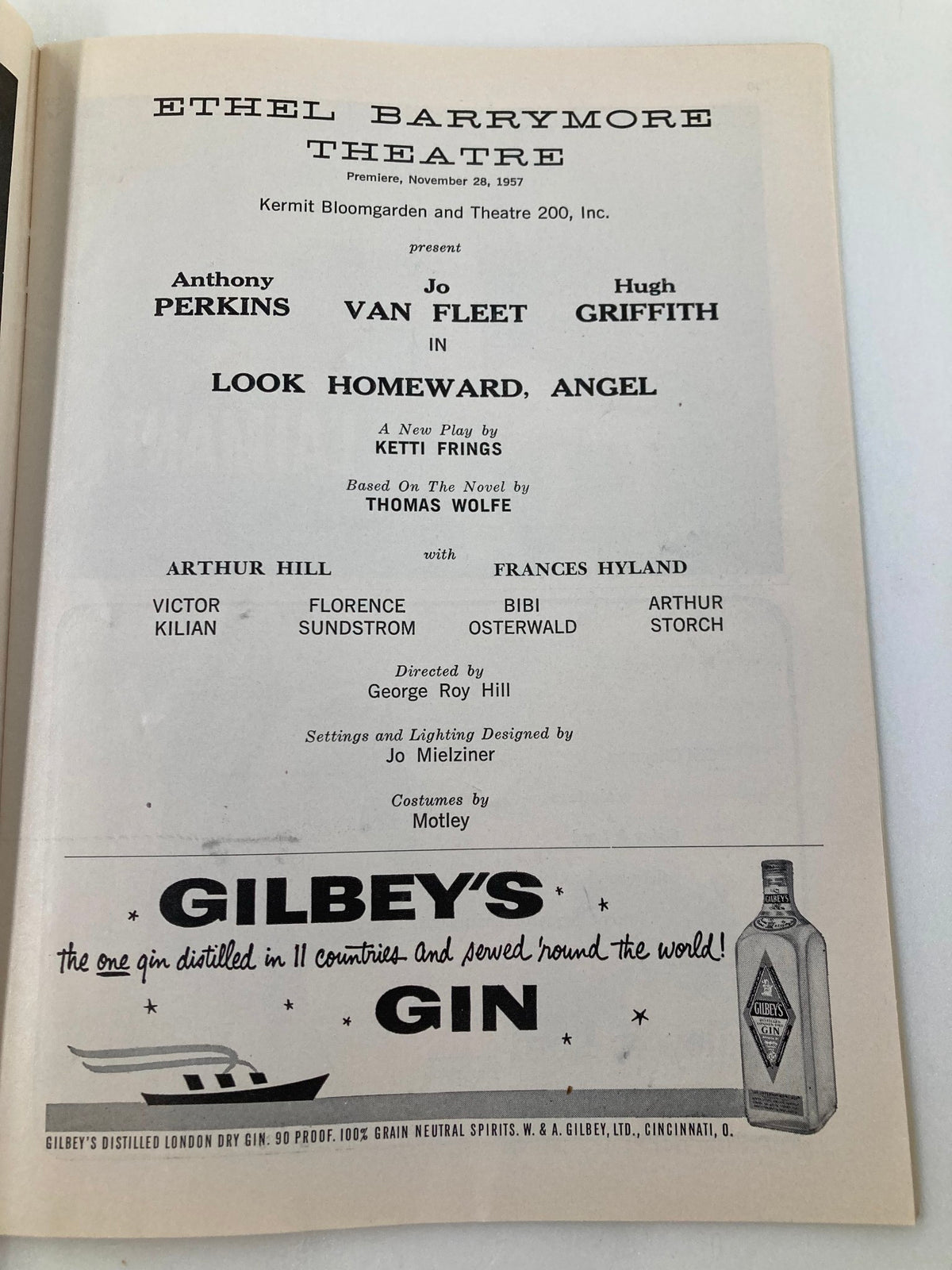 Ethel Barrymore Theatre's 1958 Playbill for Look Homeward, Angel, featuring Anthony Perkins, Jo Van Fleet, and Hugh Griffith.