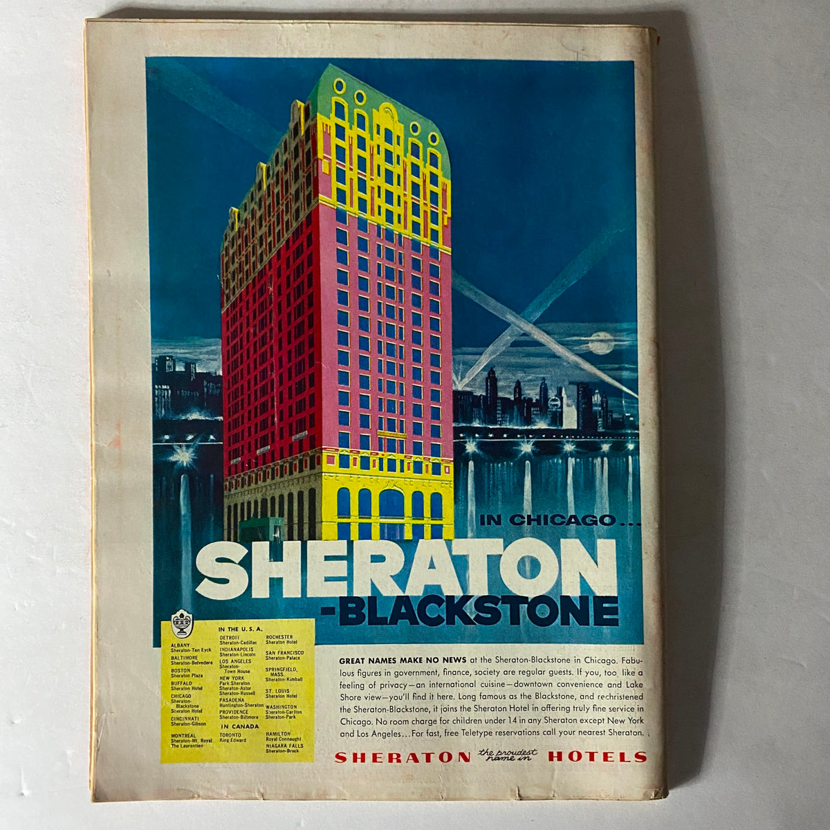 Advertisement for the Sheraton-Blackstone in Chicago from a vintage magazine, featuring a colorful illustration of the hotel and inviting guests to experience luxury and fine dining.