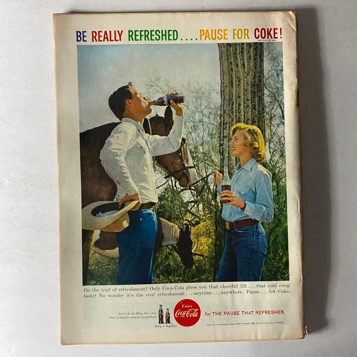 Vintage advertisement featuring a man and woman enjoying Coca-Cola in a serene outdoor setting with a horse, promoting the slogan 'Be Really Refreshed... Pause for Coke!' This ad captures the essence of 1950s Americana and complements the Time Magazine March 23 1959 Vol 73 No. 12 Michiko Shoda cover.