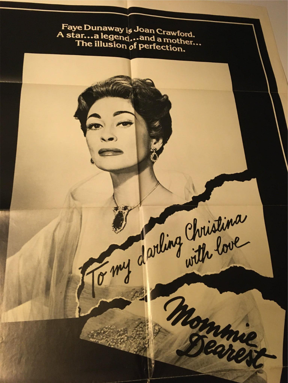 1981 Mommie Dearest 41" x 27" Original Movie Poster highlighting Faye Dunaway's striking depiction of Joan Crawford, set against a dramatic backdrop with bold text, perfect for collectors of classic film art.