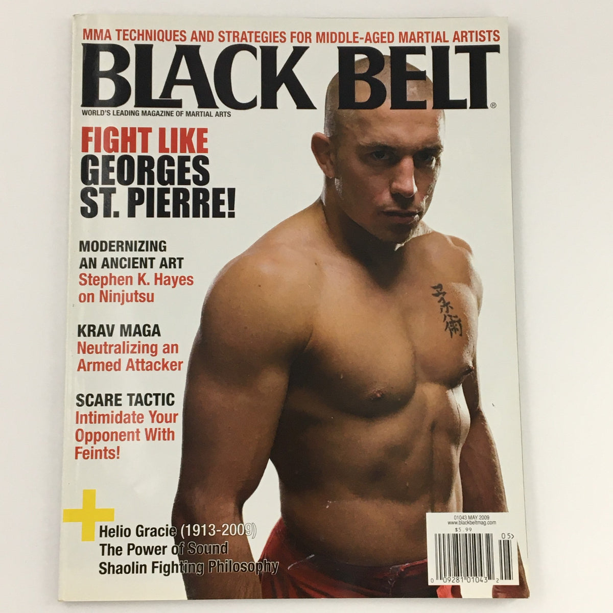 Black Belt Magazine May 2009 with the title 'Fight Like George St. Pierre', displaying a striking cover image of a male martial artist, emphasizing MMA training and strategies.