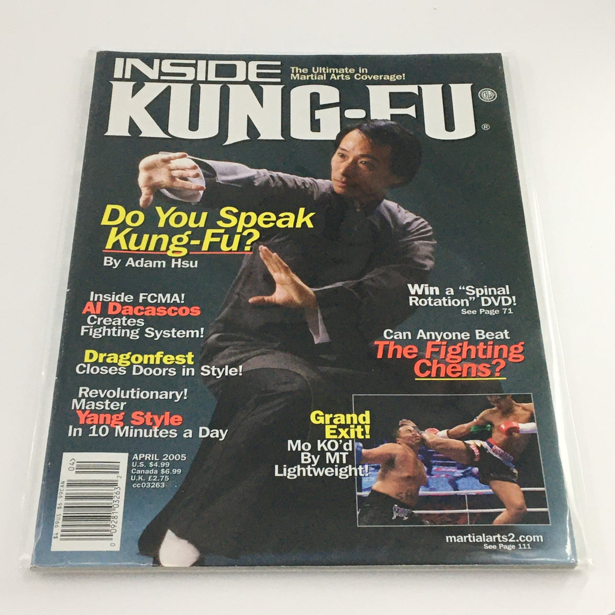 Inside Kung-Fu Magazine April 2005 featuring Al Dacascos on the cover, showcasing martial arts topics such as Kung-Fu speaking and Dragonfest. The magazine is in very good condition and is newsstand edition.