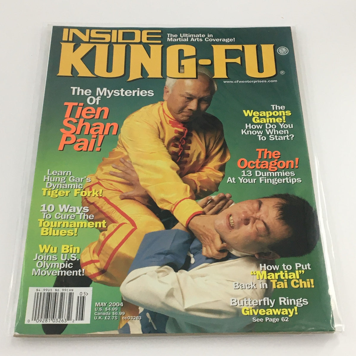 Cover of Inside Kung-Fu Magazine May 2004 titled 'The Mysteries of Tien Shan Pai', featuring a martial arts demonstration and colorful, eye-catching design, ideal for collectors and enthusiasts of martial arts history.