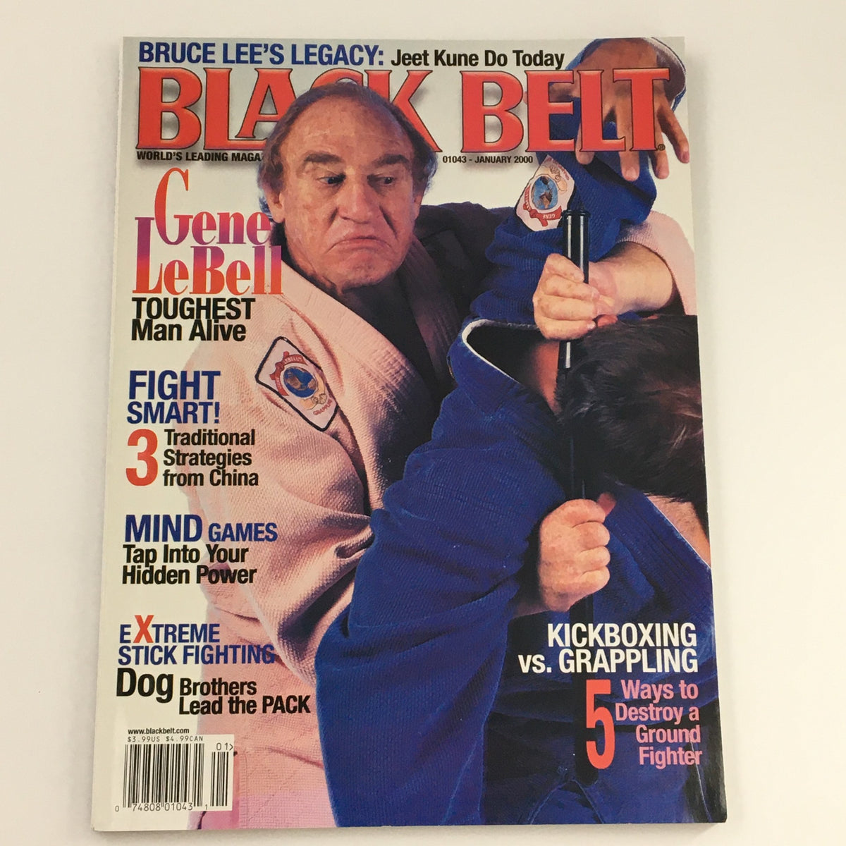 Cover of Black Belt Magazine January 2000 with Gene LeBell, highlighting fight strategies and combat sports insights.