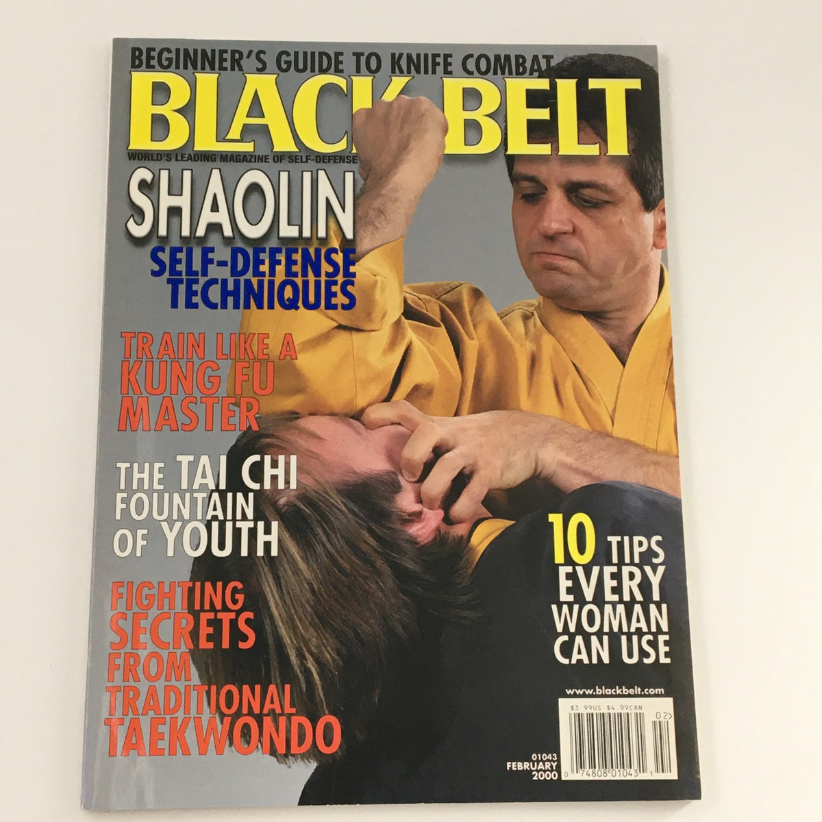 Cover of Black Belt Magazine February 2000 displaying 'The Tai Chi Fountain of Youth' alongside self-defense techniques, highlighting martial arts culture.