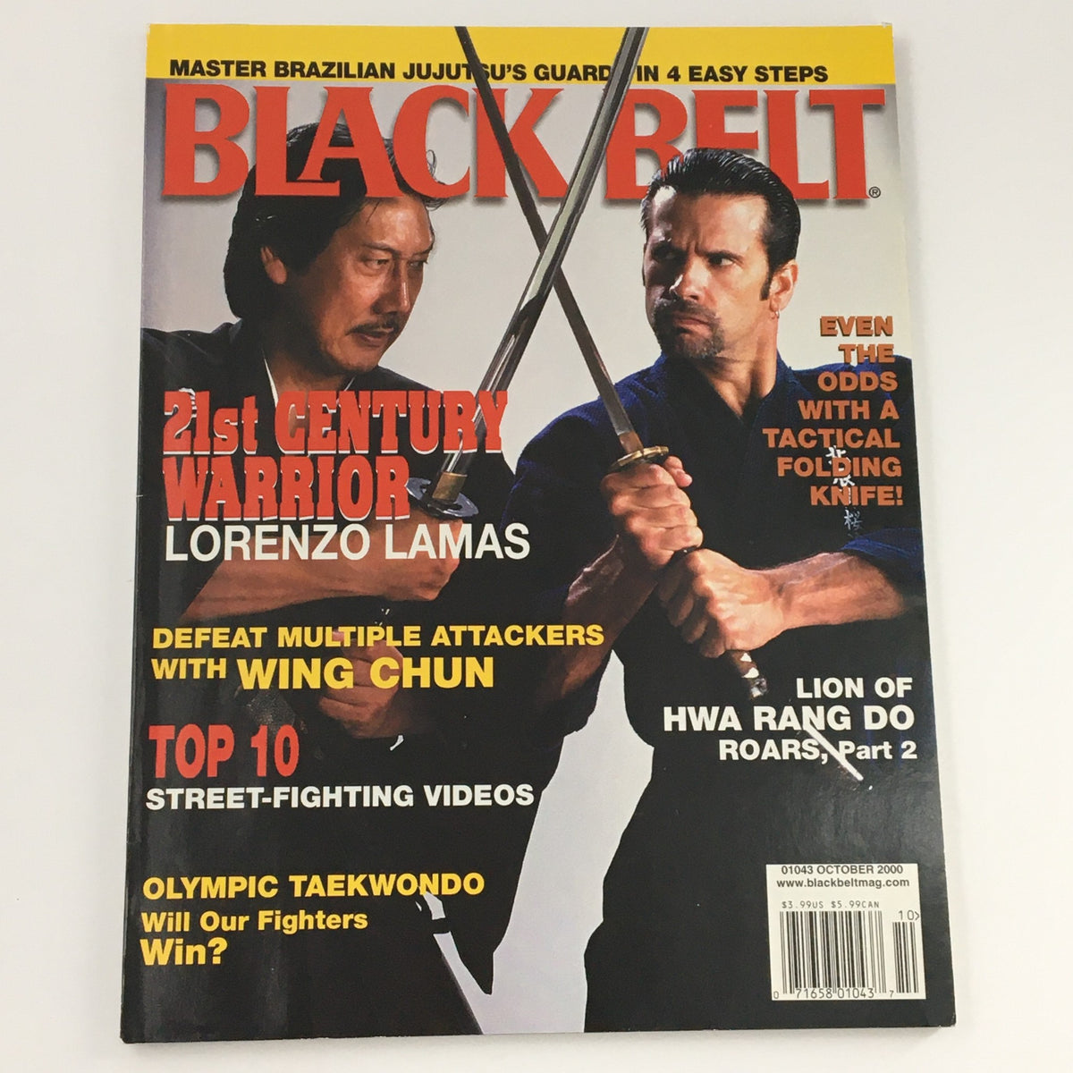 Front cover of Black Belt Magazine, October 2000, highlighting Lorenzo Lamas in a martial arts pose as a 21st Century Warrior, with emphasis on fighting techniques.
