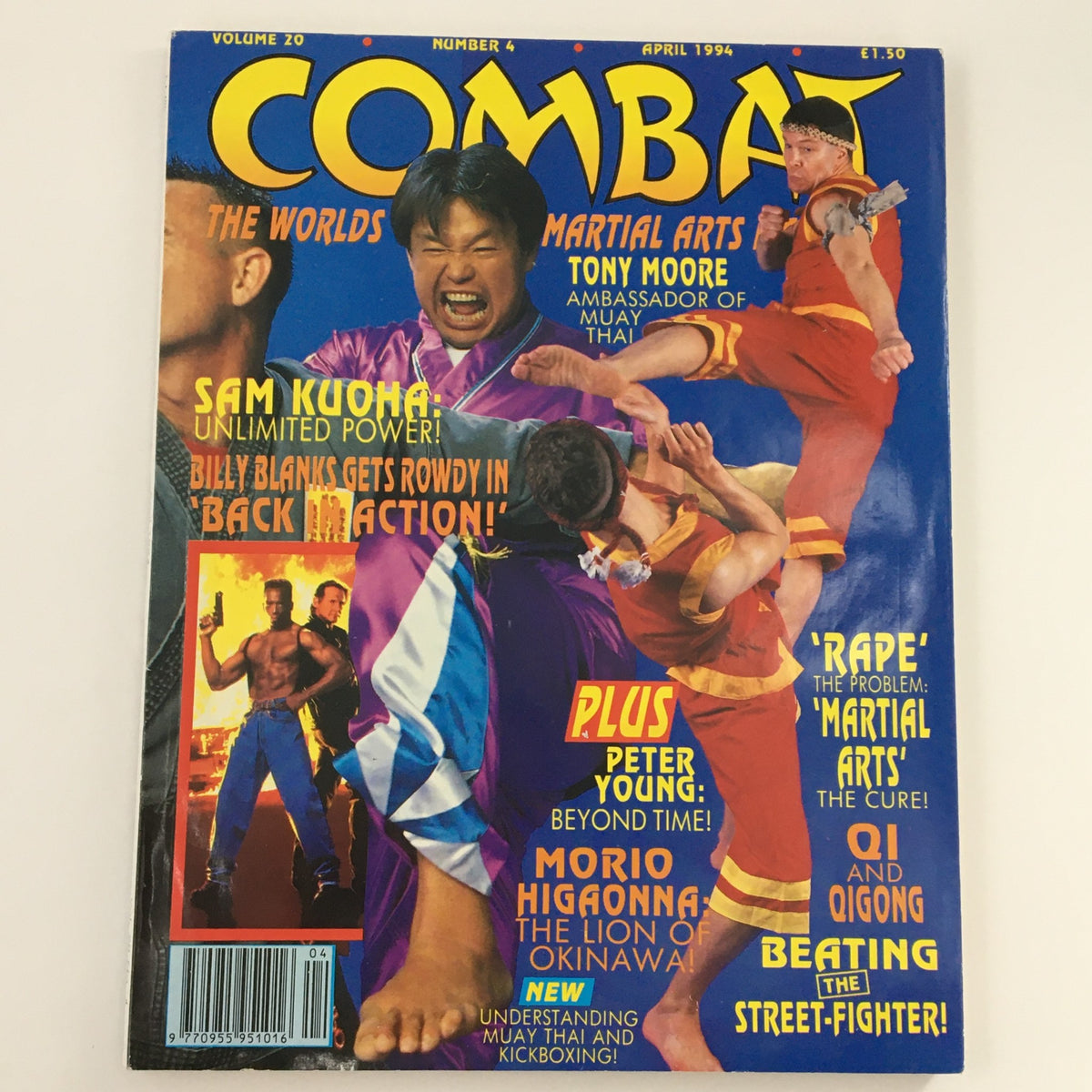 Cover of Combat Martial Arts Magazine April 1994, highlighting articles and features on Tony Moore, Sam Kuoha, and martial arts culture of the early 90s.