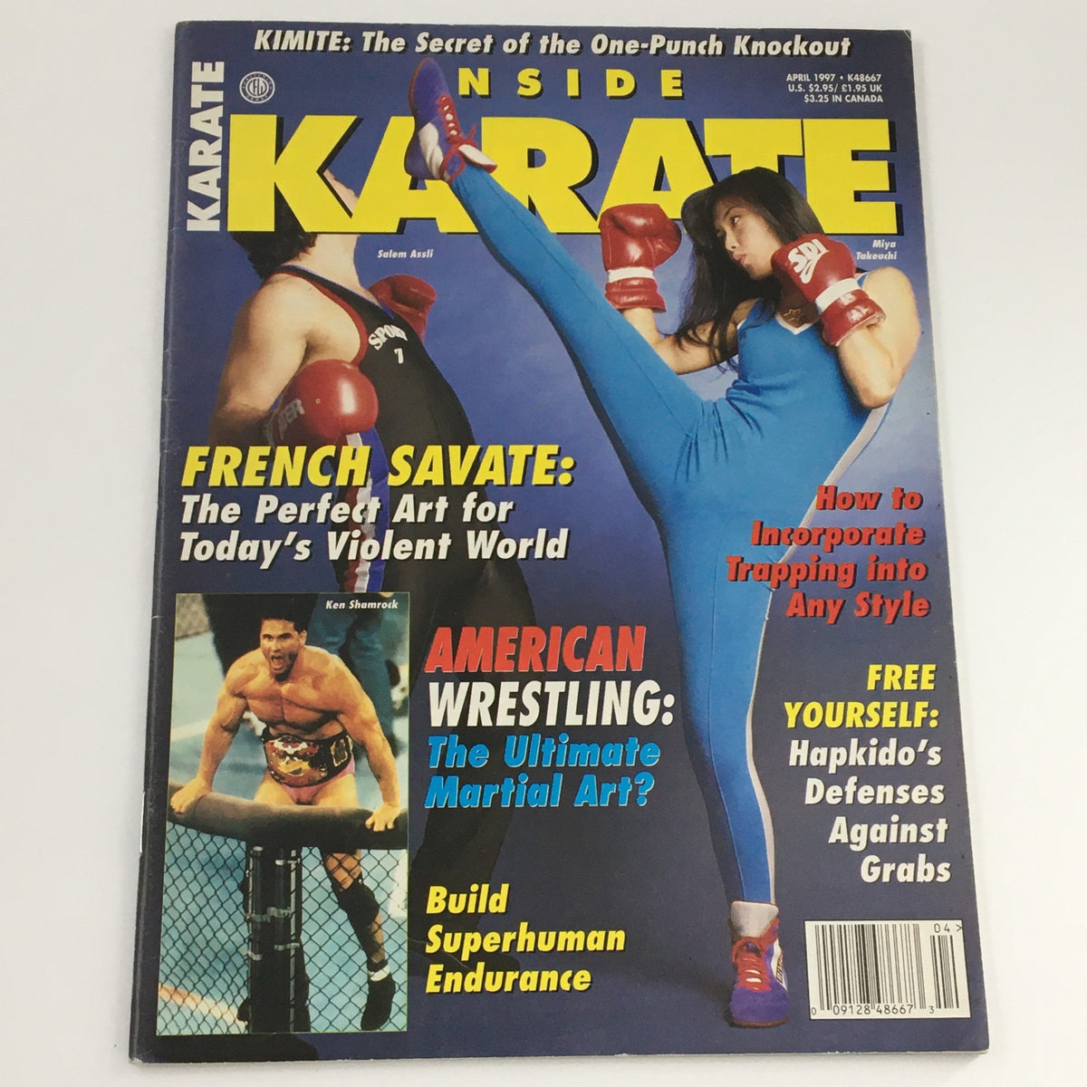Inside Karate Magazine April 1997 cover showing Salem Assli and Miya Takeuchi, with headlines about martial arts techniques and training, including Hapkido defenses.