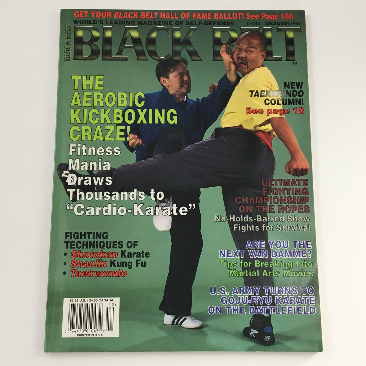 Cover image of Black Belt Magazine December 1997, displaying the Fighting Techniques of Shotokan Karate. The cover features action shots of martial artists, with text promoting various martial arts techniques and fitness trends.
