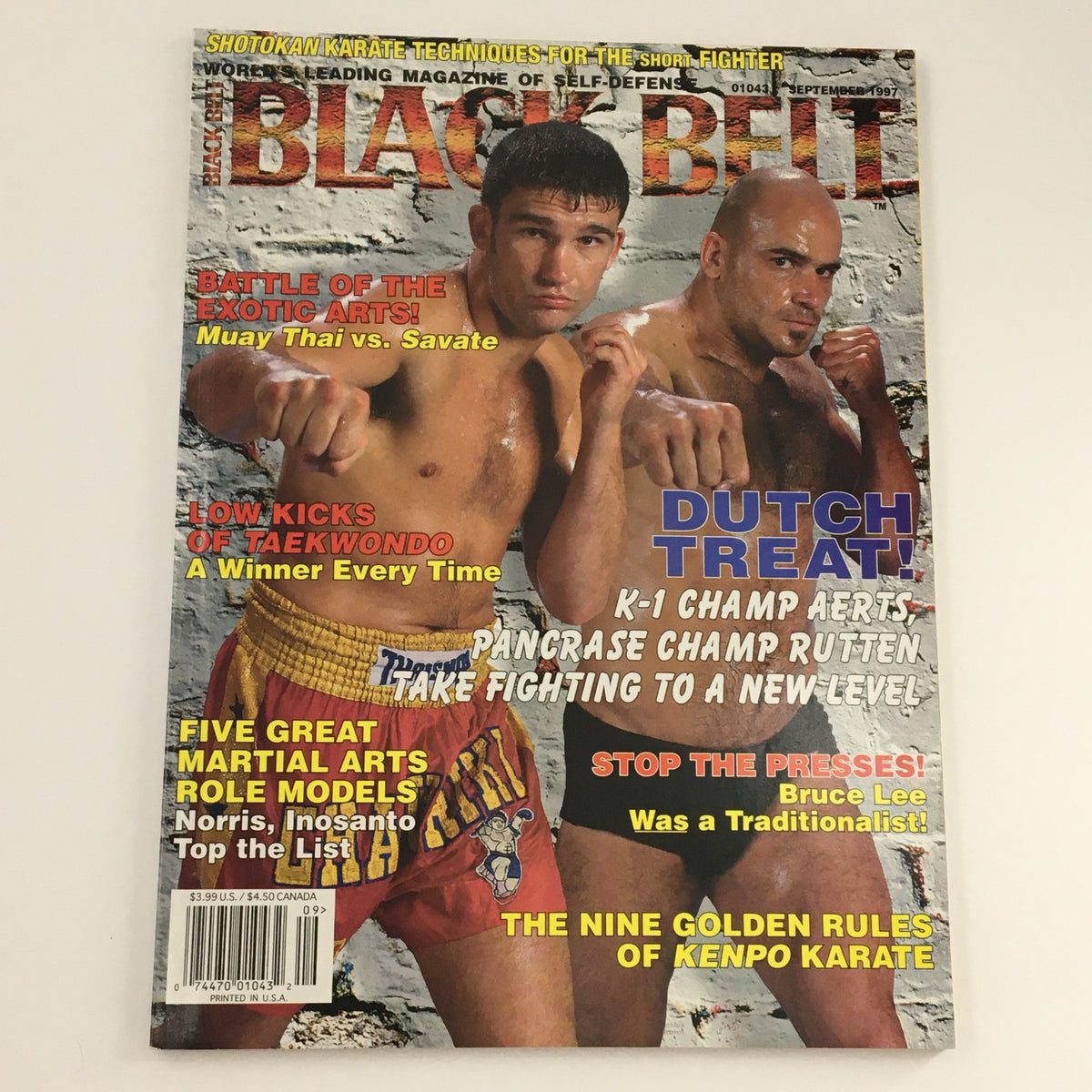 Cover image of Black Belt Magazine September 1997 displaying an article on Muay Thai versus Savate, highlighting key martial artists and exciting content.