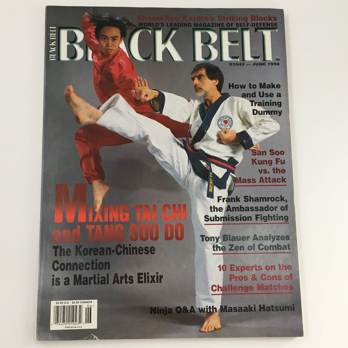 Cover of Black Belt Magazine June 1998 showcasing Mixing Tai Chi and Tang Soo Do. The image depicts two martial artists, one performing a kick with a red background, emphasizing the blend of these martial arts disciplines.