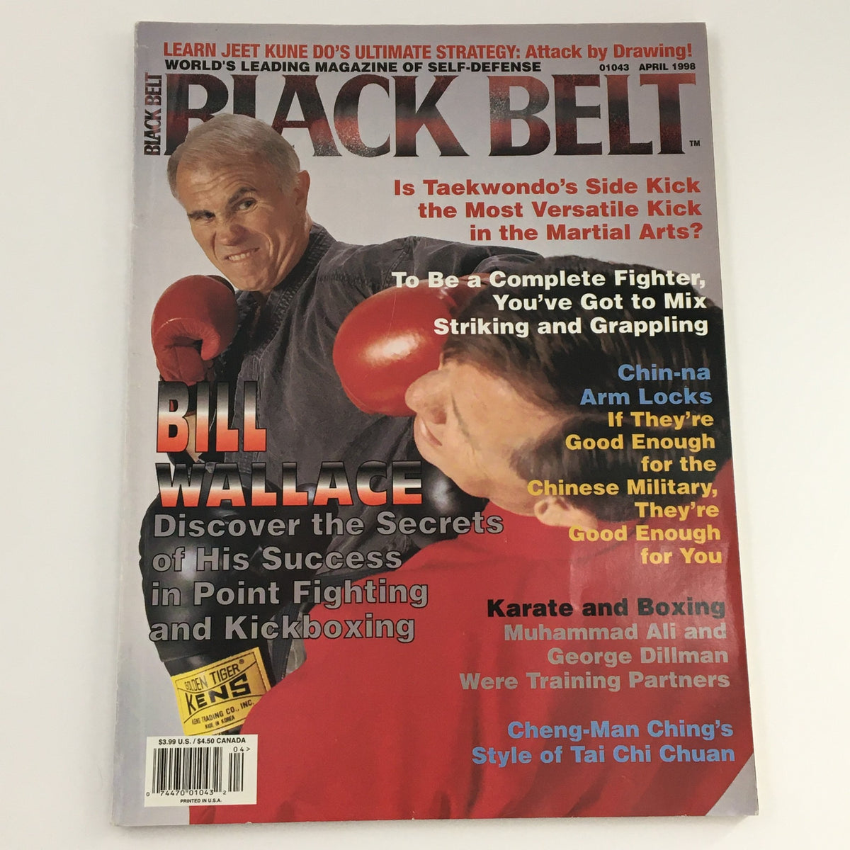 Front cover of Black Belt Magazine April 1998, showcasing Bill Wallace and articles on martial arts strategies, including insights on point fighting and kickboxing.