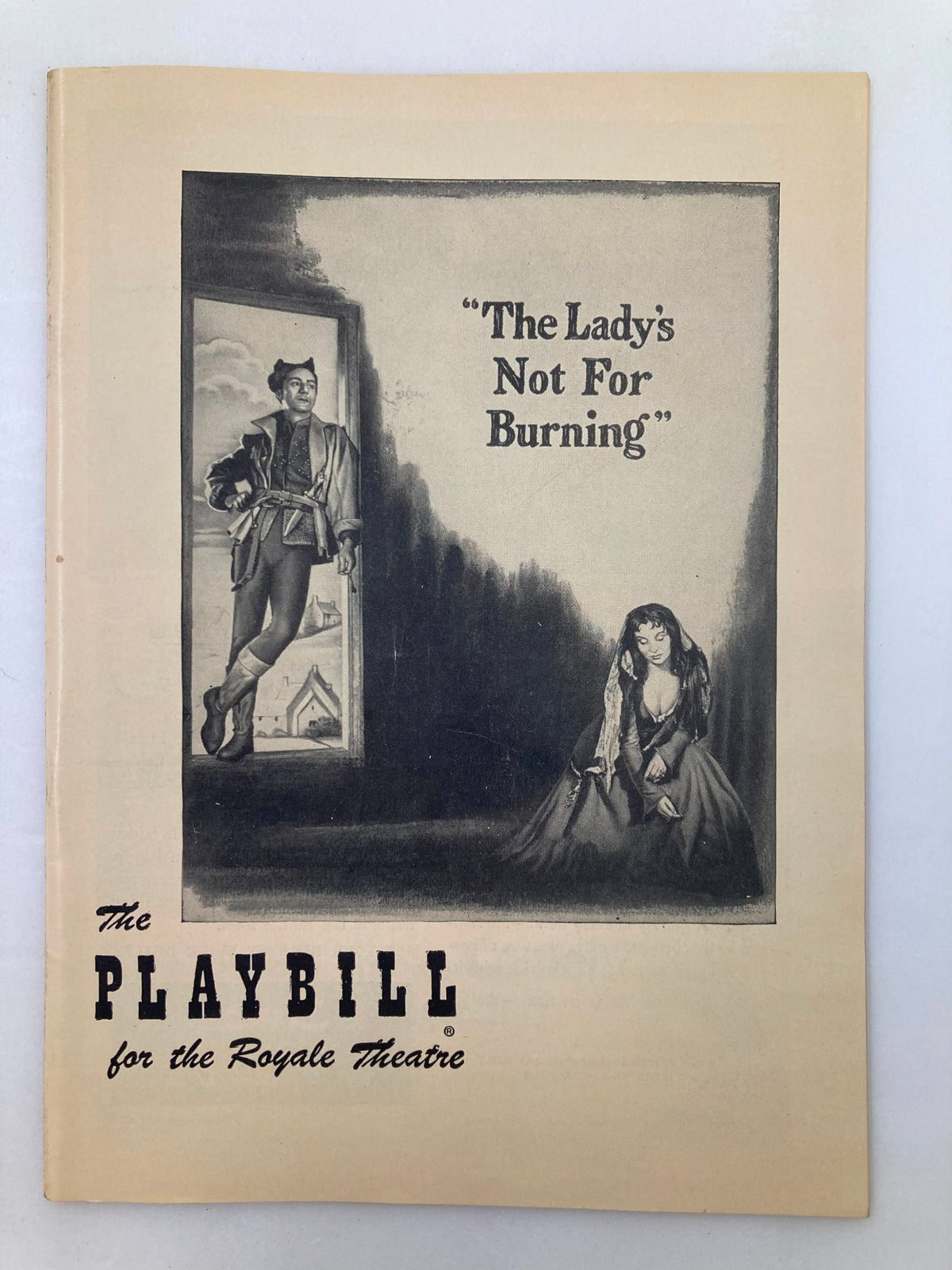 Cover of the 1951 Playbill for The Lady's Not For Burning at the Royale Theatre featuring an illustration of characters from the play.